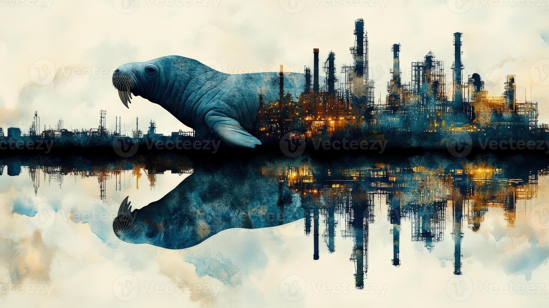 A surreal scene combining a walrus with an industrial landscape, reflecting environmental themes and the balance of nature. photo