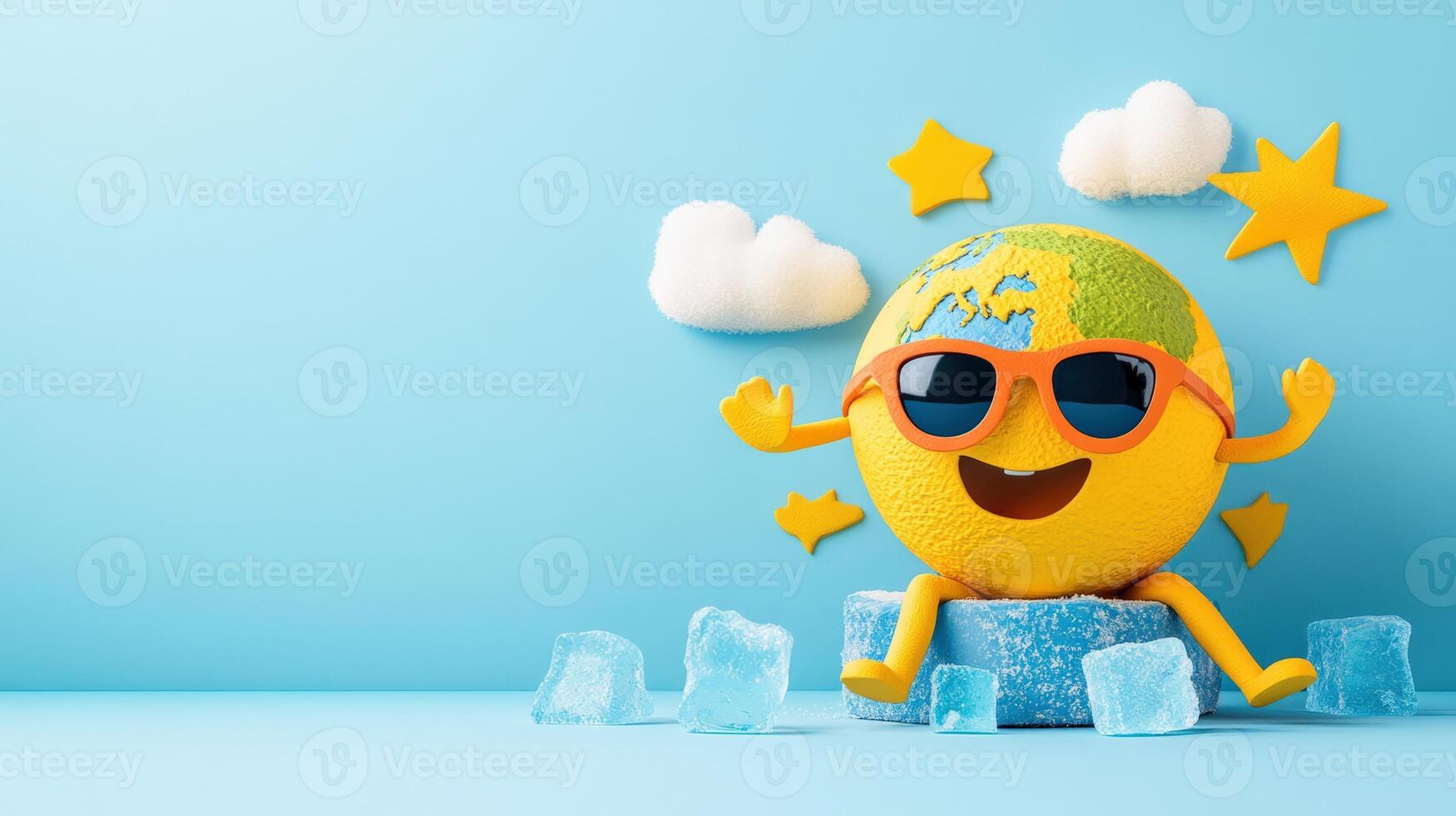 Playful globe character enjoying summer vibes, wearing sunglasses and surrounded by ice cubes, against a bright blue background. photo