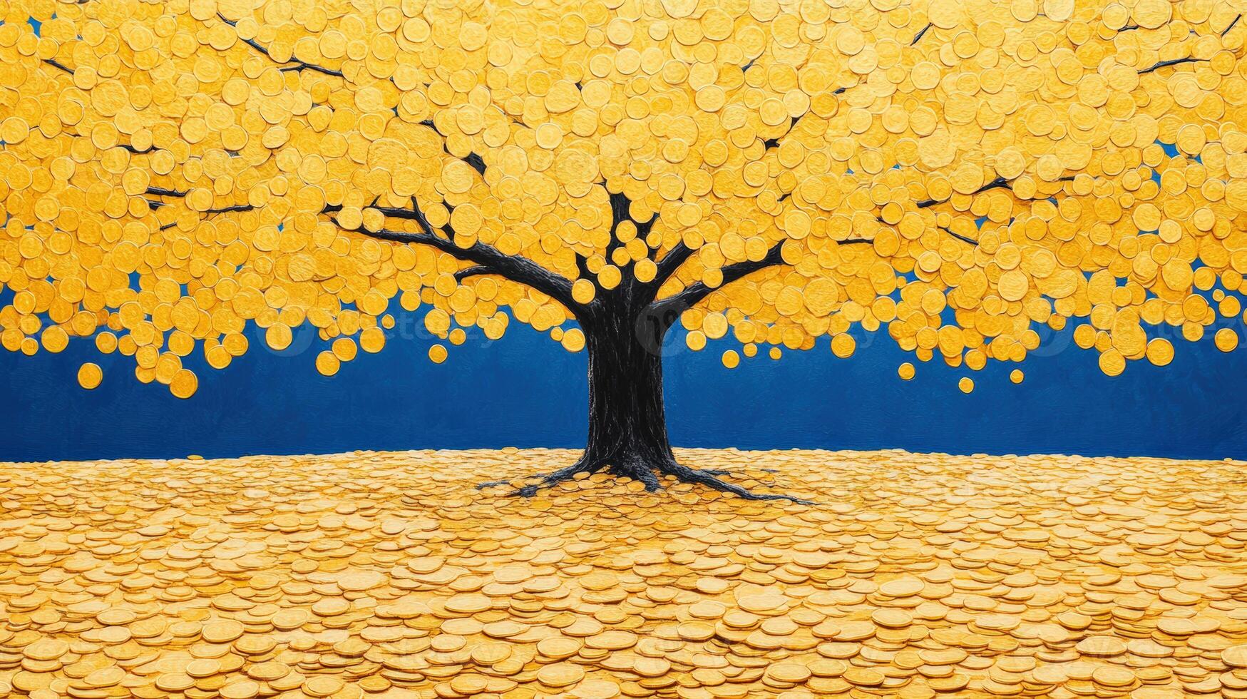 A vibrant golden tree surrounded by coins, symbolizing wealth and prosperity in an abstract art style. photo