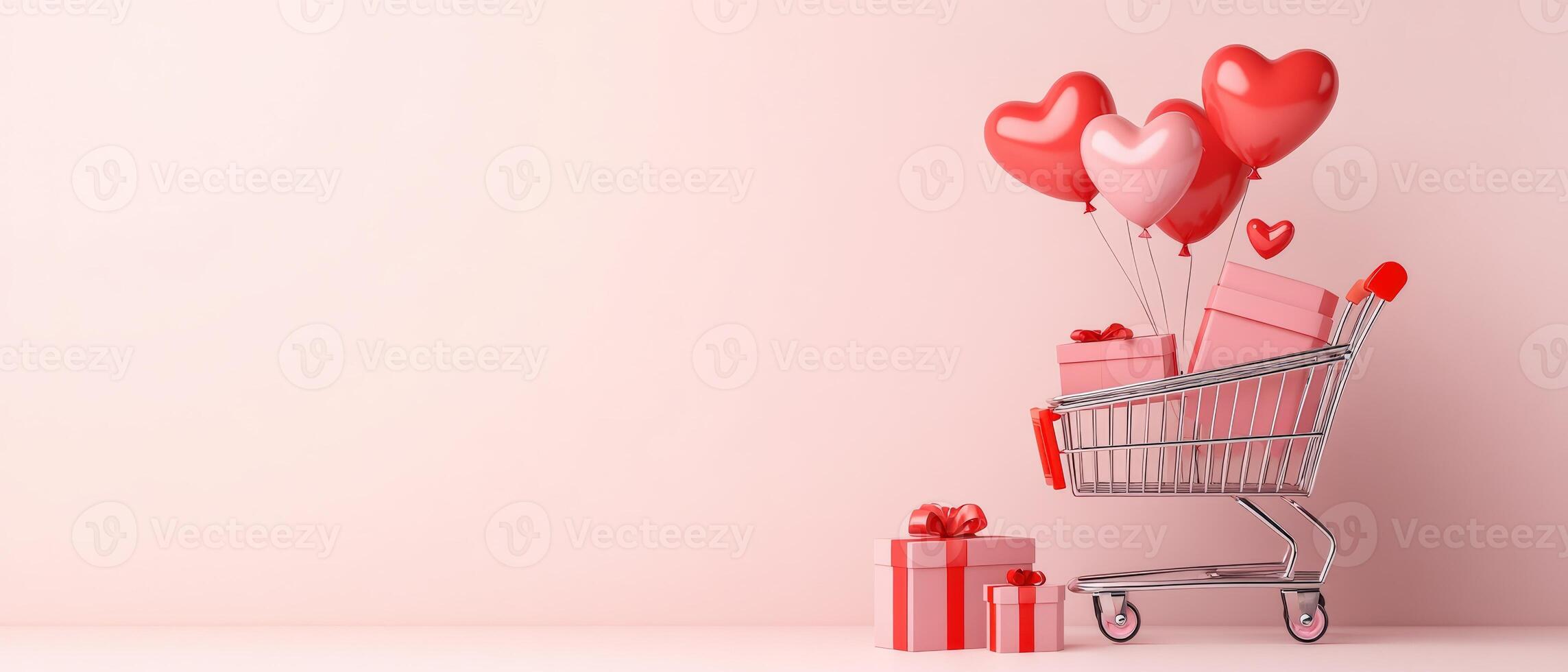 A festive shopping cart filled with gifts and heart-shaped balloons, perfect for celebrations and special occasions. photo