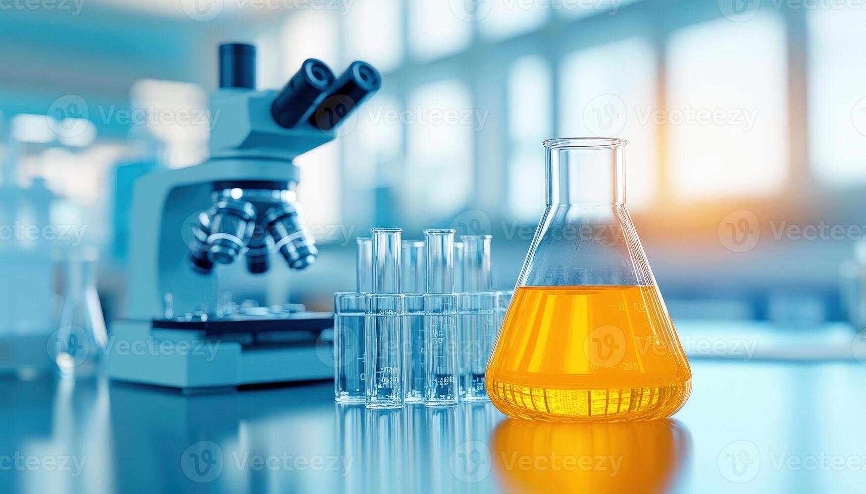 A bright laboratory scene featuring a microscope, test tubes, and an orange liquid in a flask, ideal for scientific concepts. photo