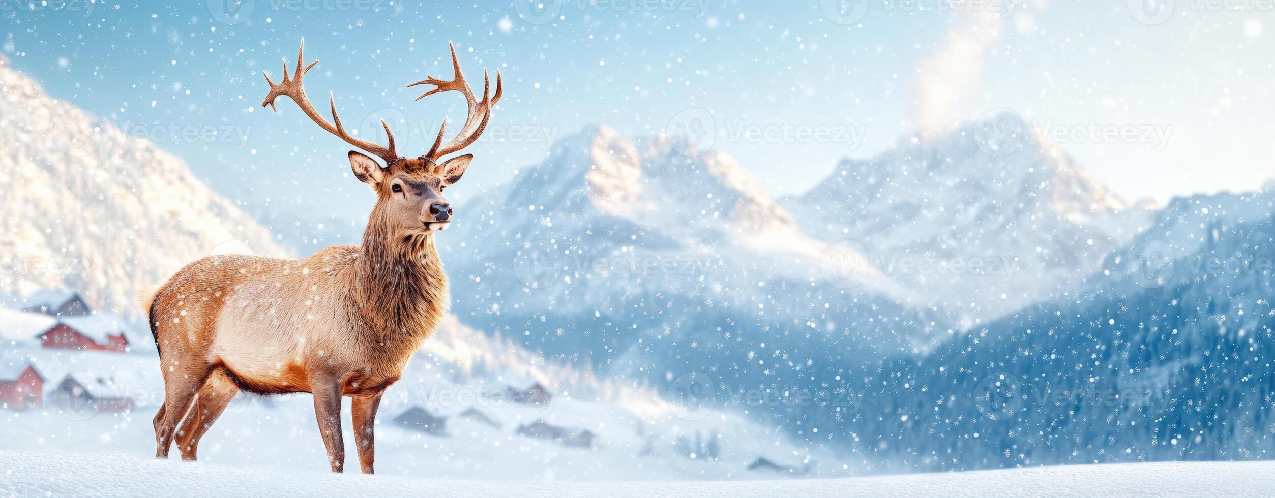 Majestic deer standing in a snowy landscape, surrounded by mountains and falling snow, embodying winter's serene beauty. photo