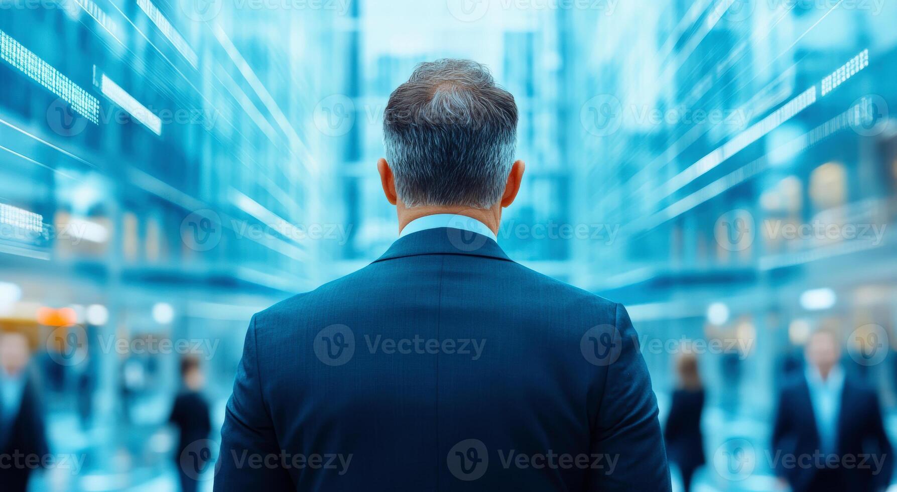 A businessman stands in an urban environment, reflecting on his goals amid a blur of city life and modern architecture. photo