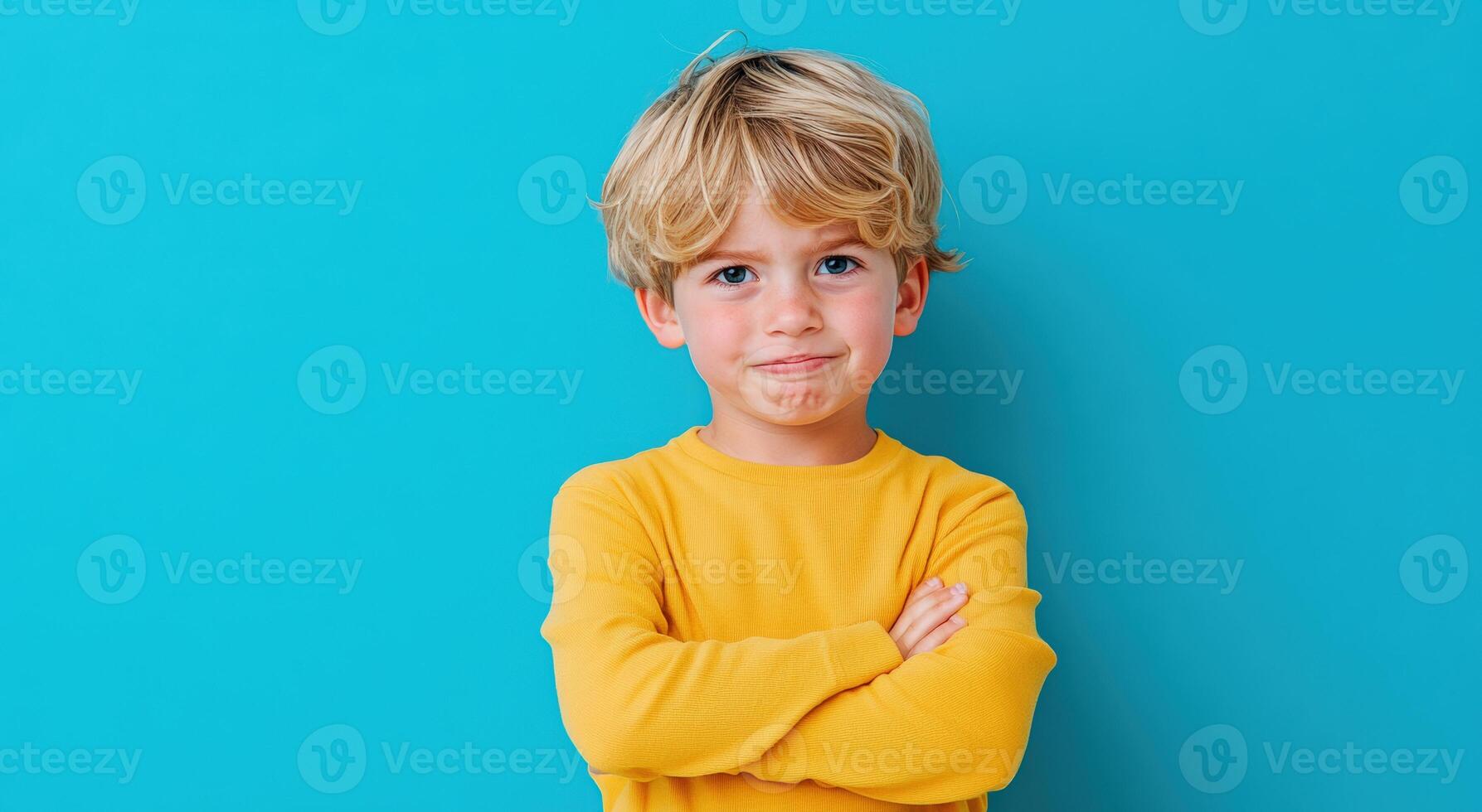 Cheerful boy with blonde hair standing confidently against a vibrant blue background, showcasing a playful and expressive personality. photo