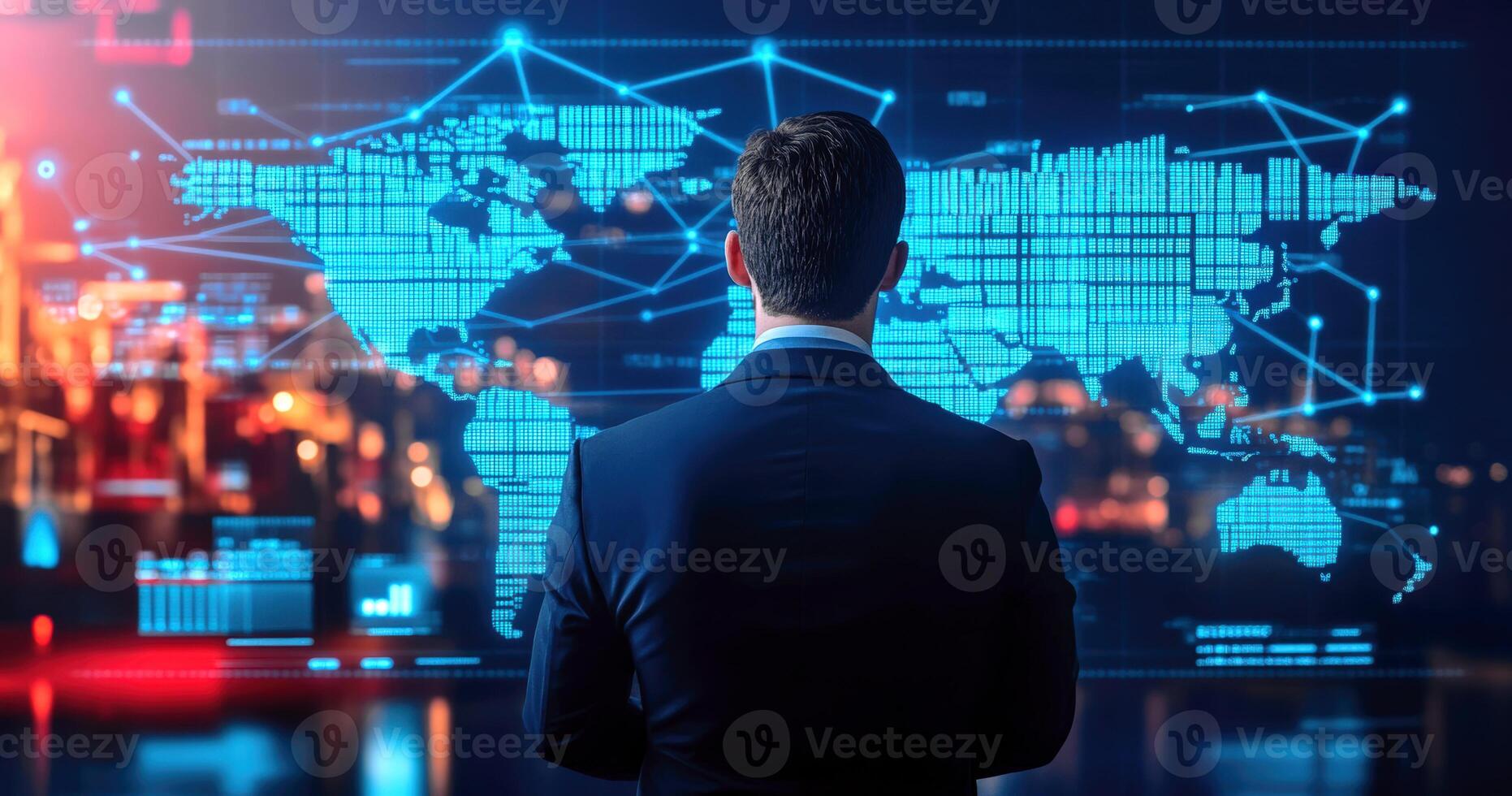 Businessman analyzing digital world map with data connections in a modern office, showcasing global connectivity and technology trends. photo