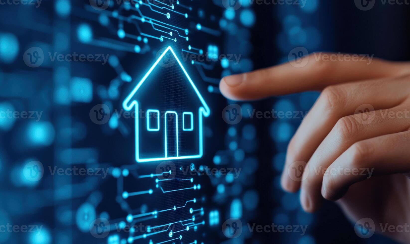 A hand interacting with a digital home icon on a futuristic interface, representing smart home technology. photo
