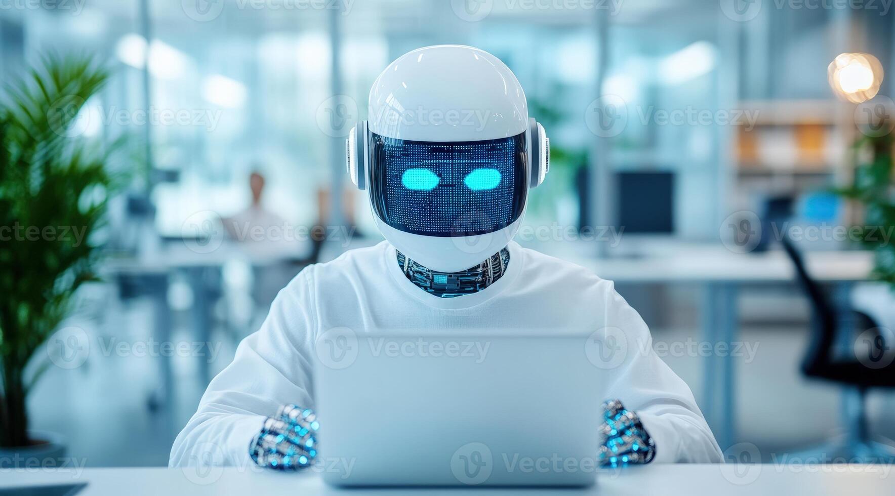 A futuristic robot working on a laptop in a modern office, showcasing technology and innovation. photo