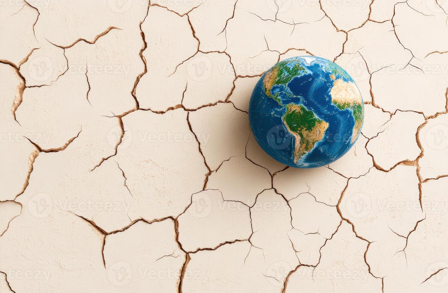 A globe rests on a cracked surface, symbolizing environmental issues and the impact of climate change on our planet. photo