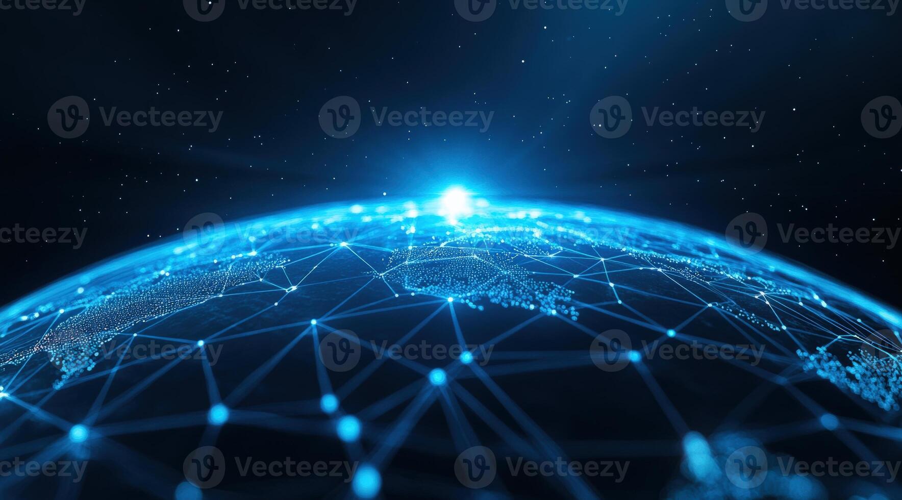 A futuristic view of Earth illuminated by bright lights, showcasing interconnectedness through digital networks and technology. photo