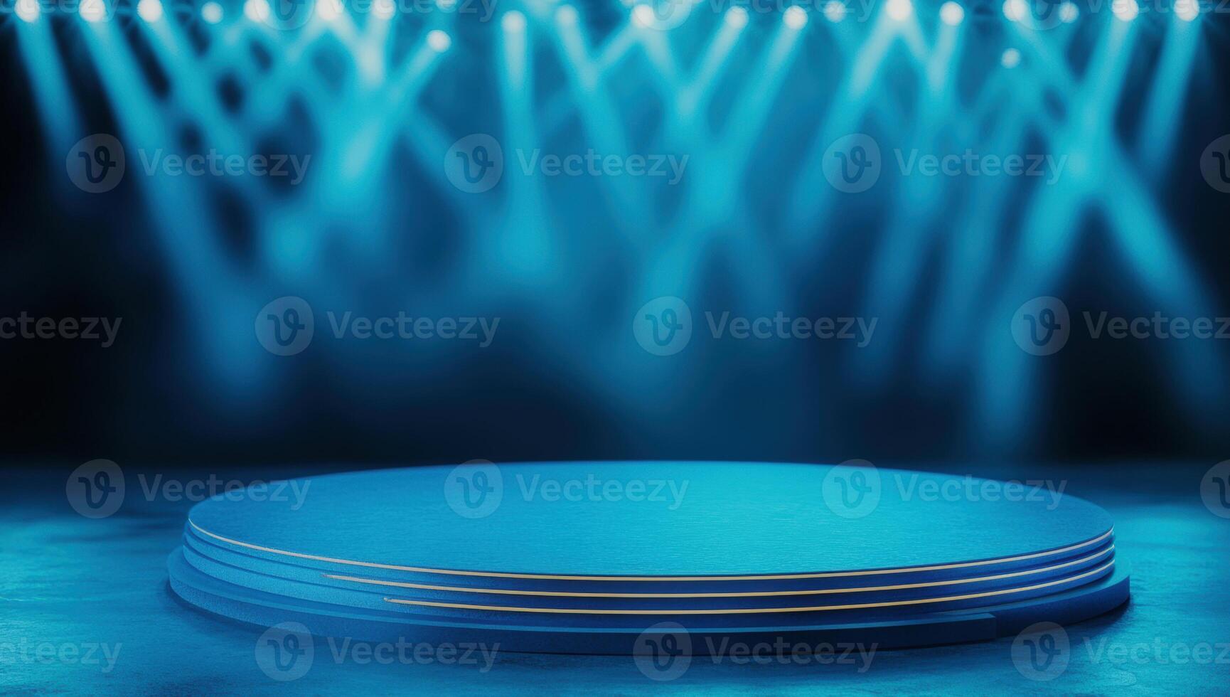 A vibrant stage illuminated by blue lights, perfect for performances, presentations, or events, creating an exciting atmosphere. photo