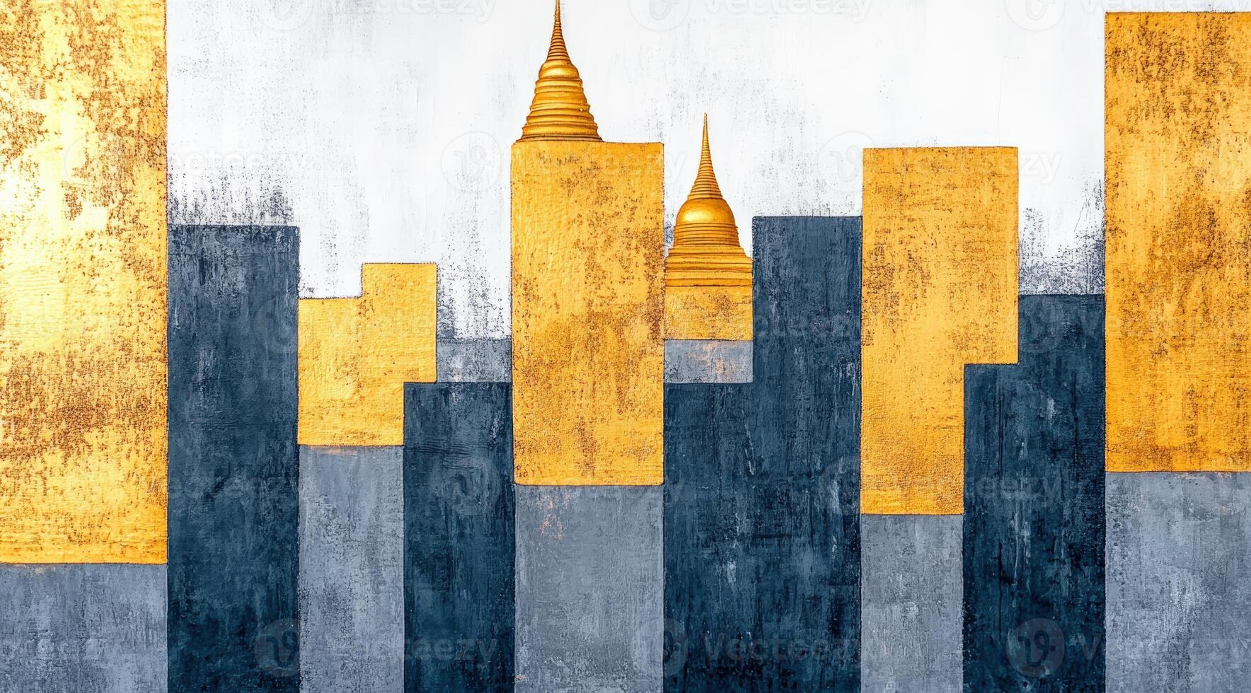 An abstract city skyline artwork with gold and gray blocks, symbolizing urban elegance and modern architecture. photo