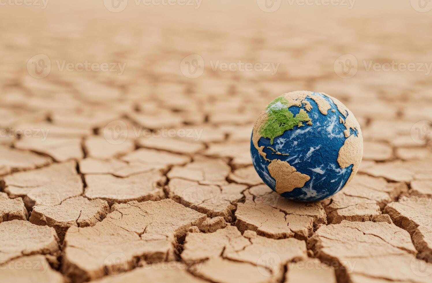 A small globe rests on cracked earth, symbolizing the environmental challenges facing our planet today. photo