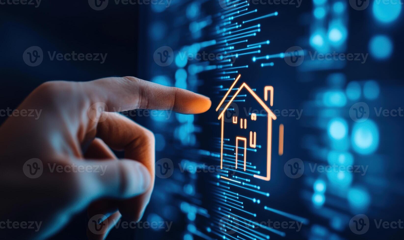 A hand touching a digital screen with a glowing house icon, symbolizing smart home technology and innovation. photo