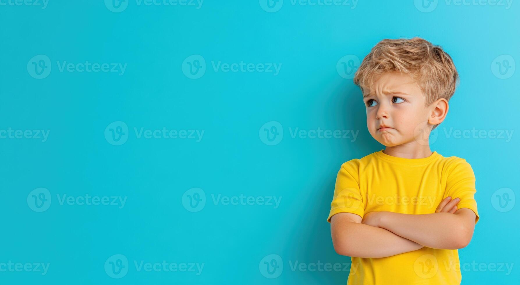 A young boy with a serious expression crosses his arms against a vibrant blue background, showcasing emotions and childhood innocence. photo