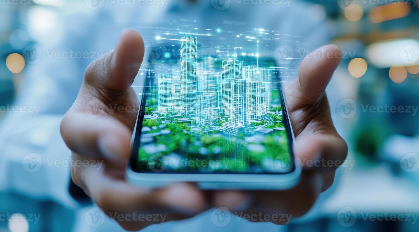 A hand holds a smartphone displaying a futuristic cityscape, symbolizing technology, innovation, and urban development. photo