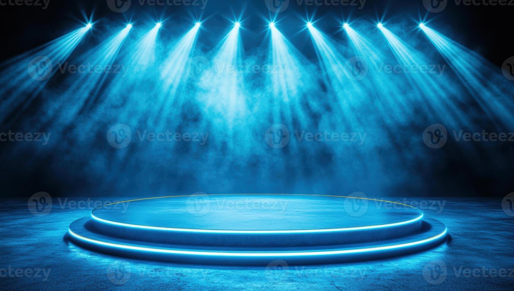 A modern stage illuminated with blue lights, creating an atmosphere perfect for performances or presentations. photo