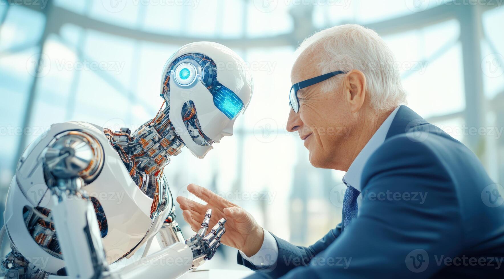 A robot and an elderly man engage in a profound interaction, highlighting the fusion of technology and human connection. photo