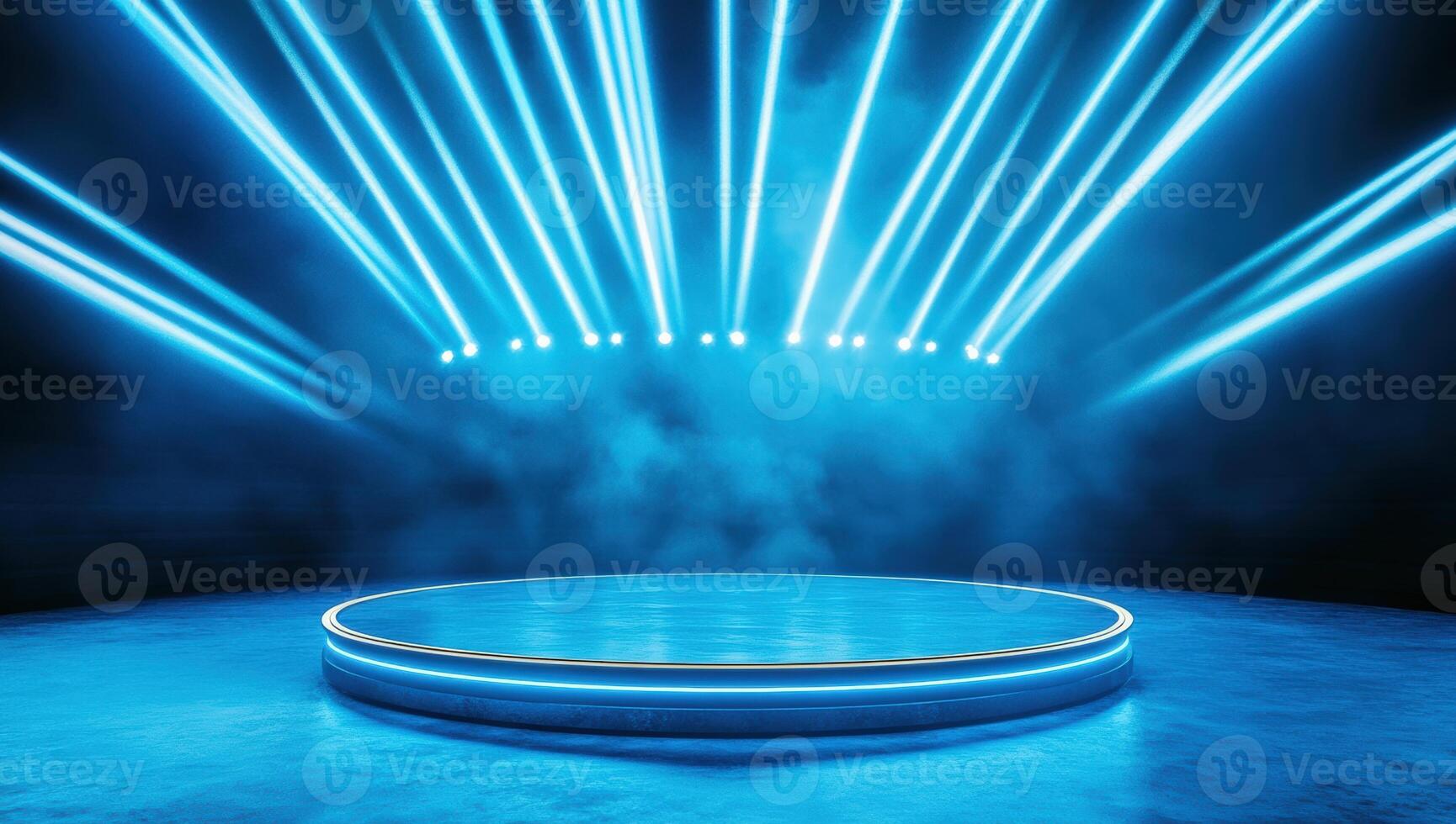 A vibrant stage illuminated by blue laser lights, creating a captivating atmosphere for performances and events. photo