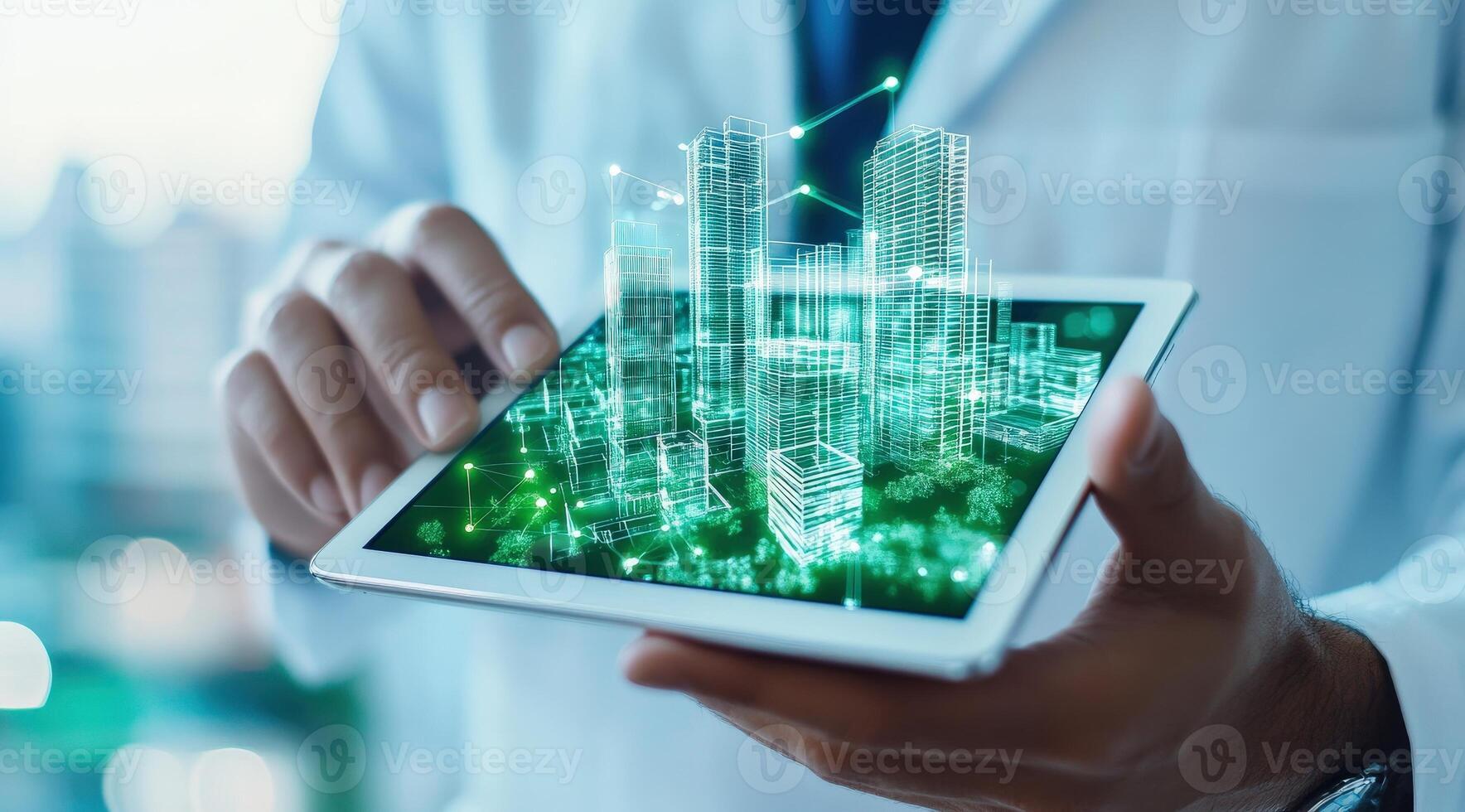 A professional holding a tablet displaying a futuristic cityscape with digital elements, symbolizing innovation and technology. photo