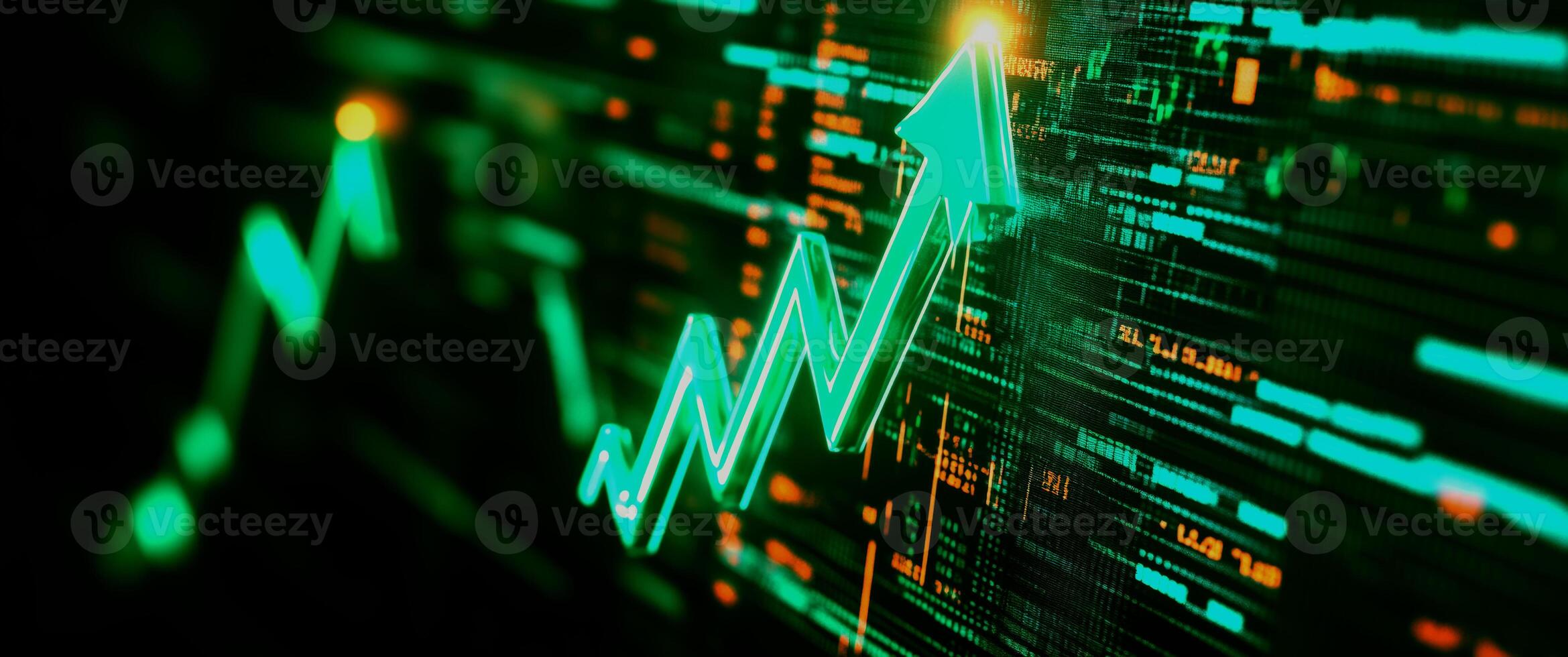 A vibrant green arrow indicating growth, overlaid on a digital background, representing data analysis and successful trends. photo