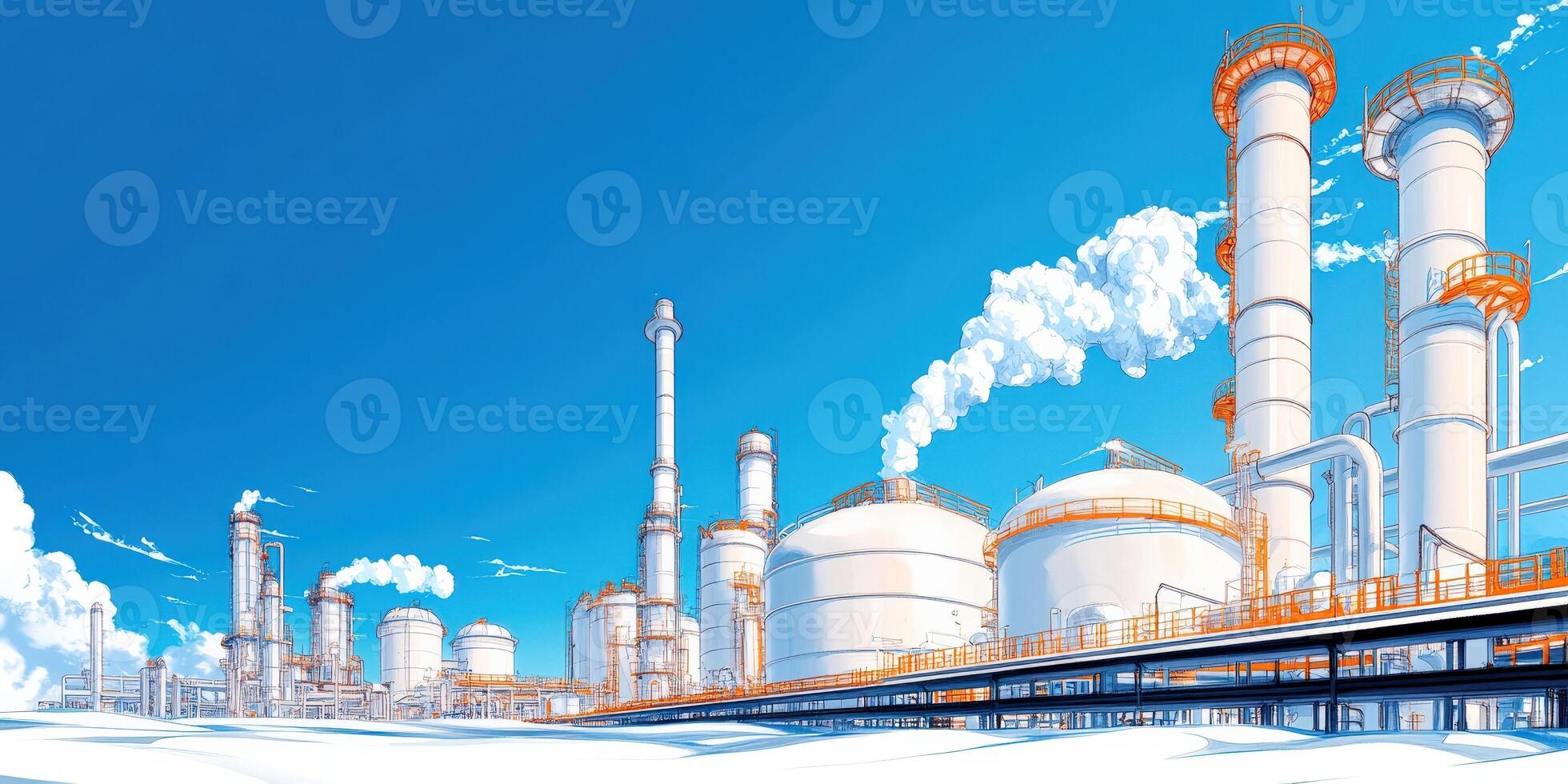 A vibrant illustration of an industrial plant against a clear blue sky, showcasing modern architecture and energy production. photo