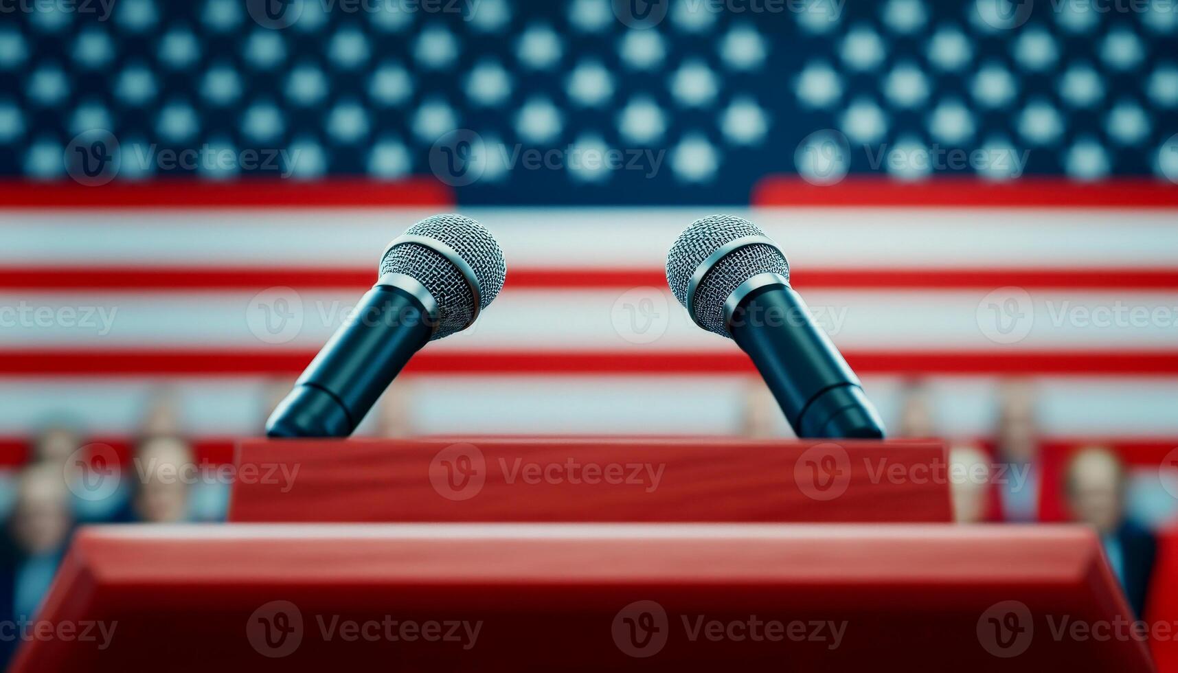Close-up of two microphones on a podium with an American flag background, symbolizing public speaking or political discourse. photo