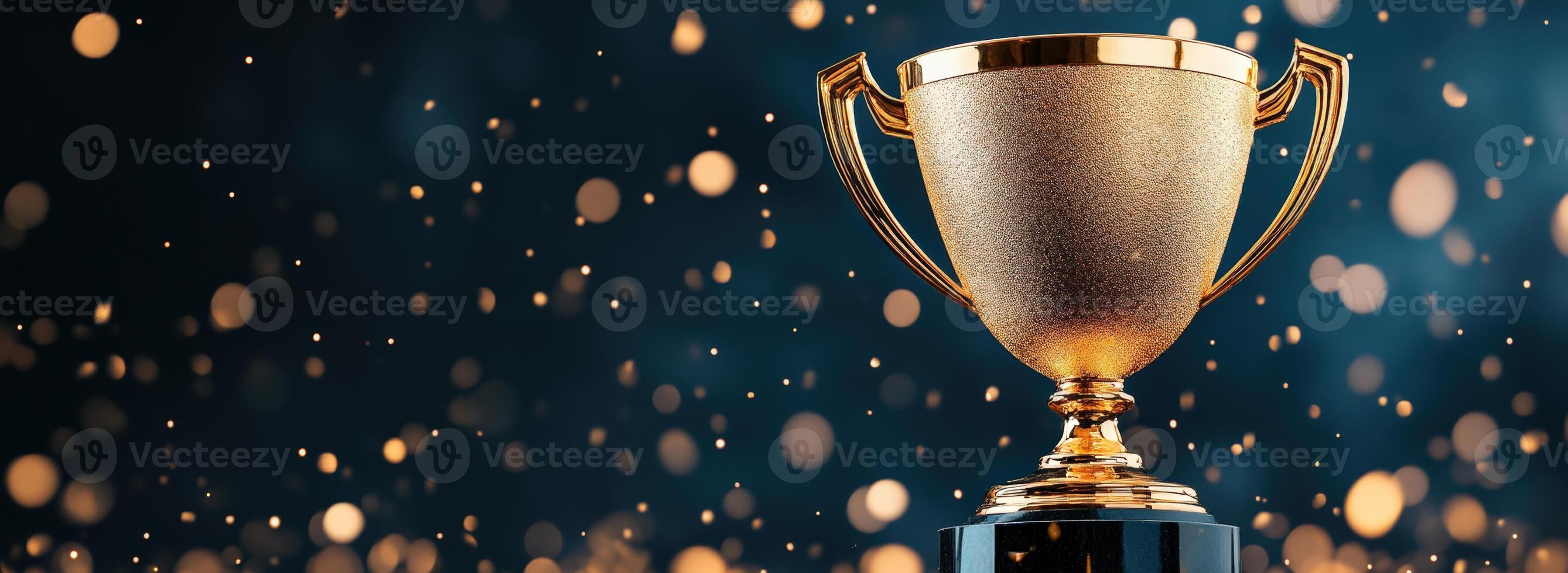 A stunning golden trophy shines against a backdrop of sparkling bokeh, symbolizing achievement and celebration. photo