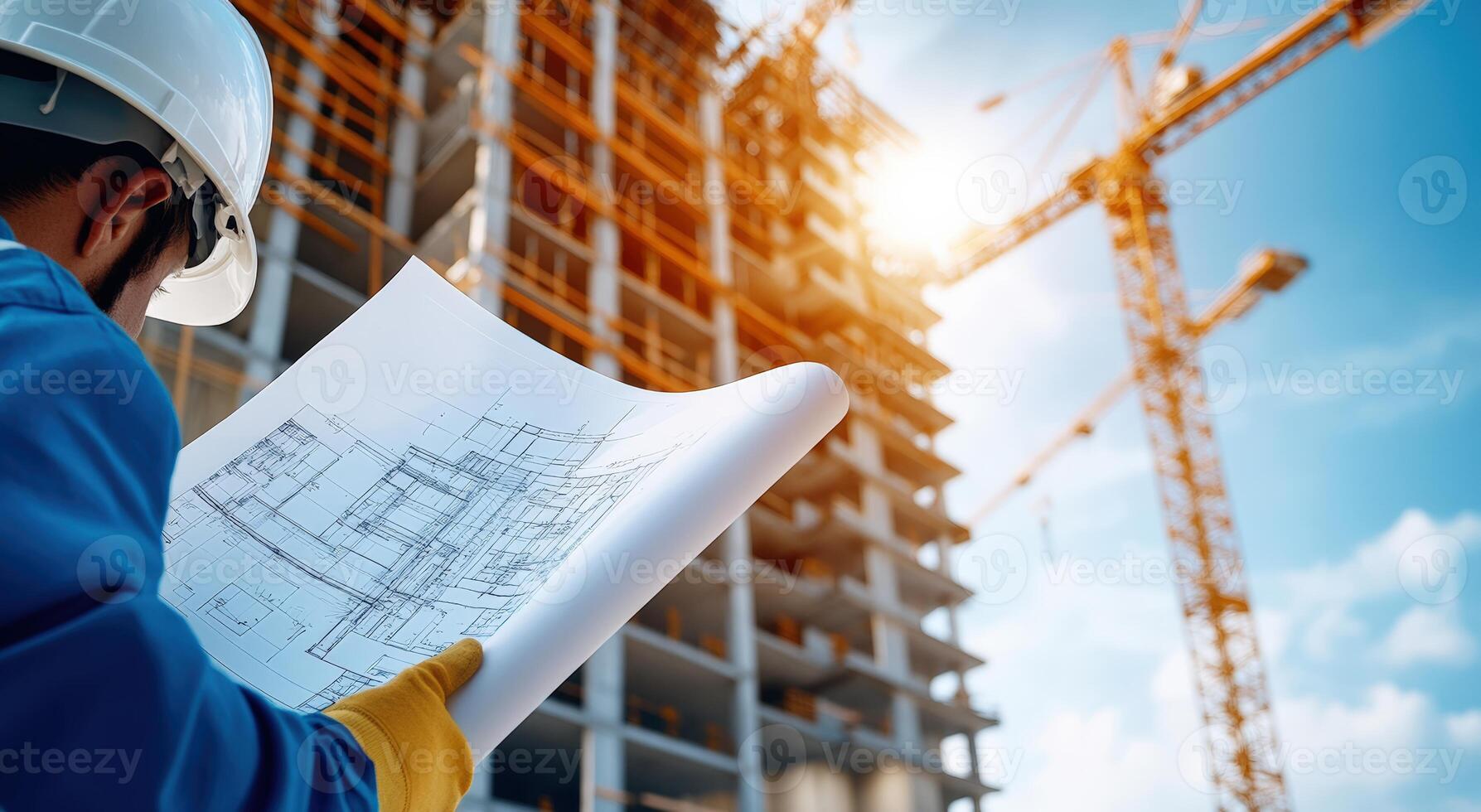 Construction worker reviewing blueprints at a building site, showcasing teamwork and dedication in modern architecture. photo