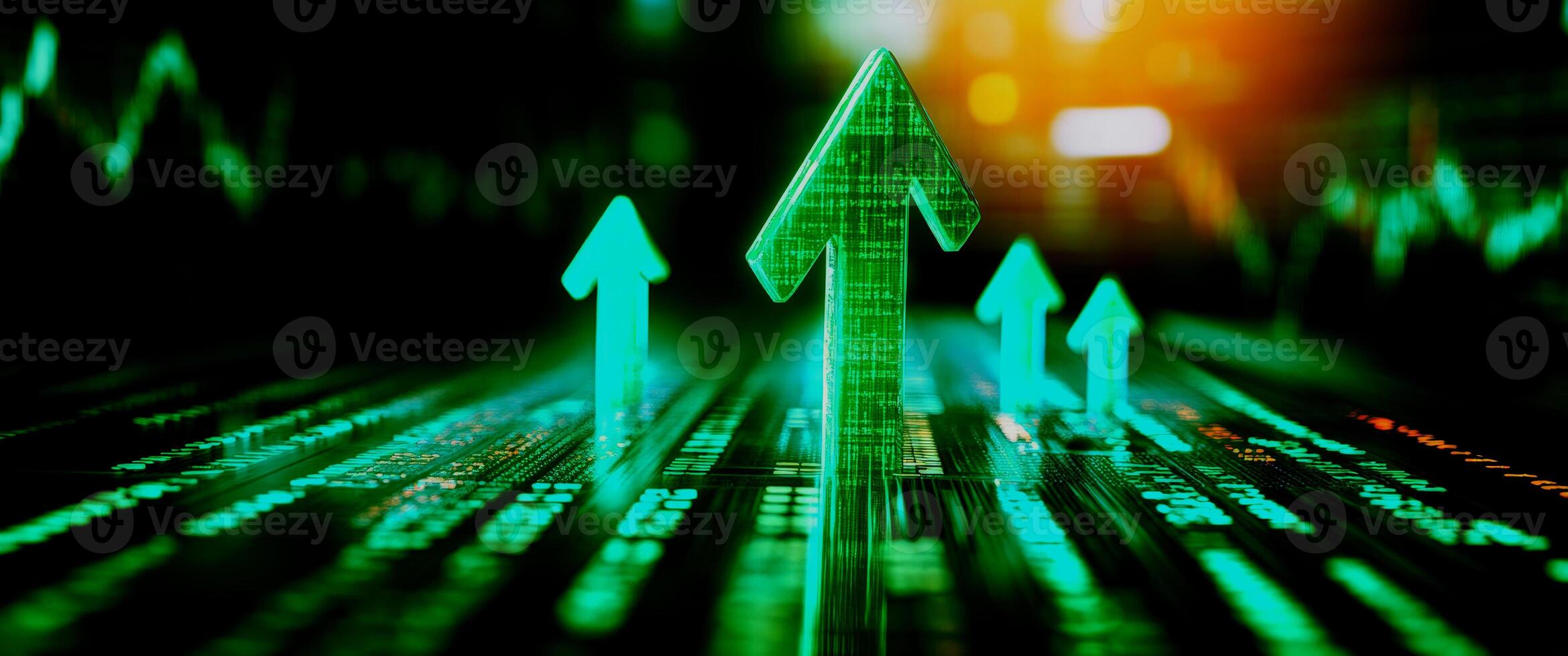 Dynamic green arrows symbolize growth and progress amidst a digital backdrop, representing data trends and market ascent. photo