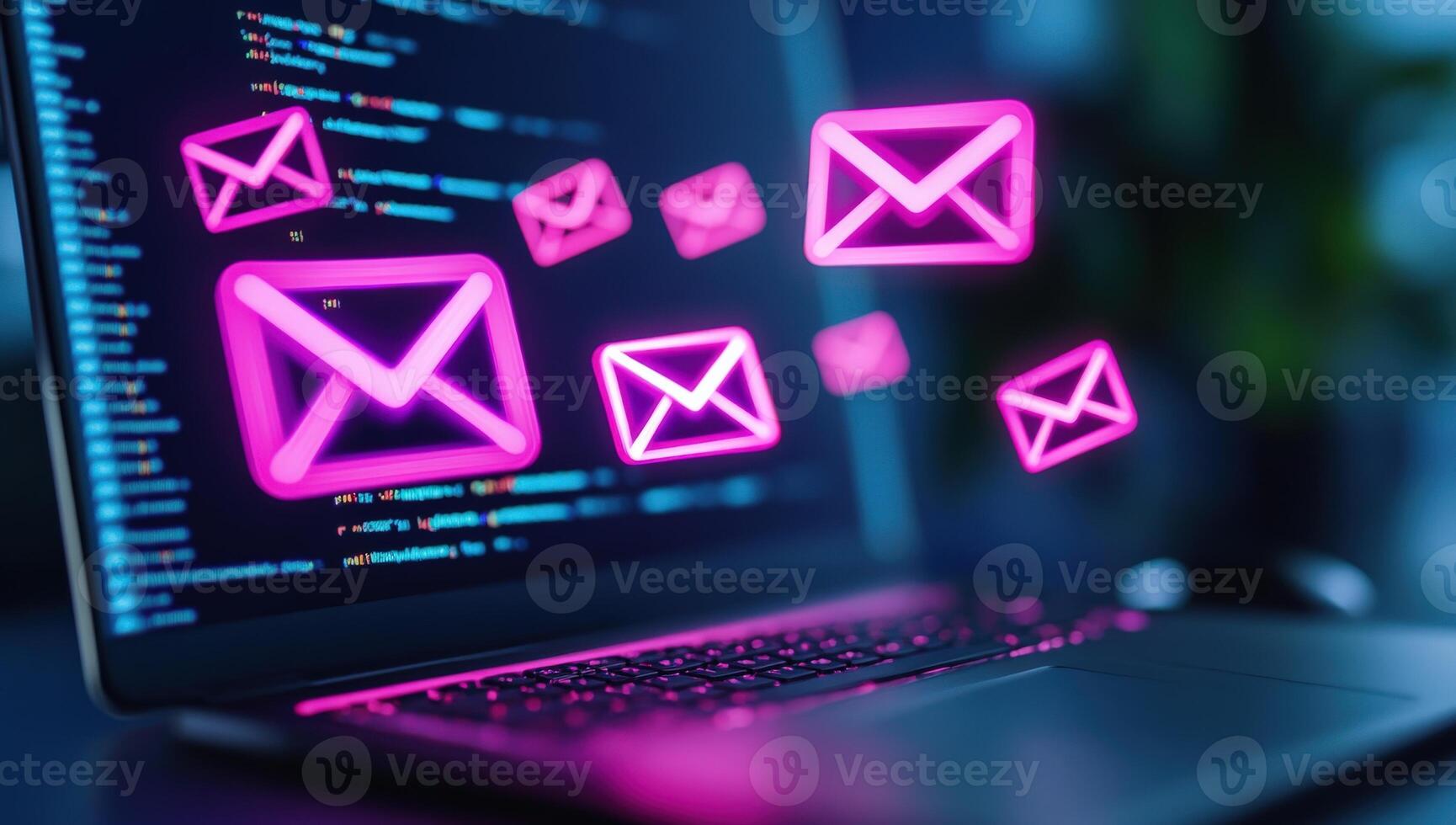 Digital communication concept with glowing email icons above a laptop showing programming code on the screen. photo