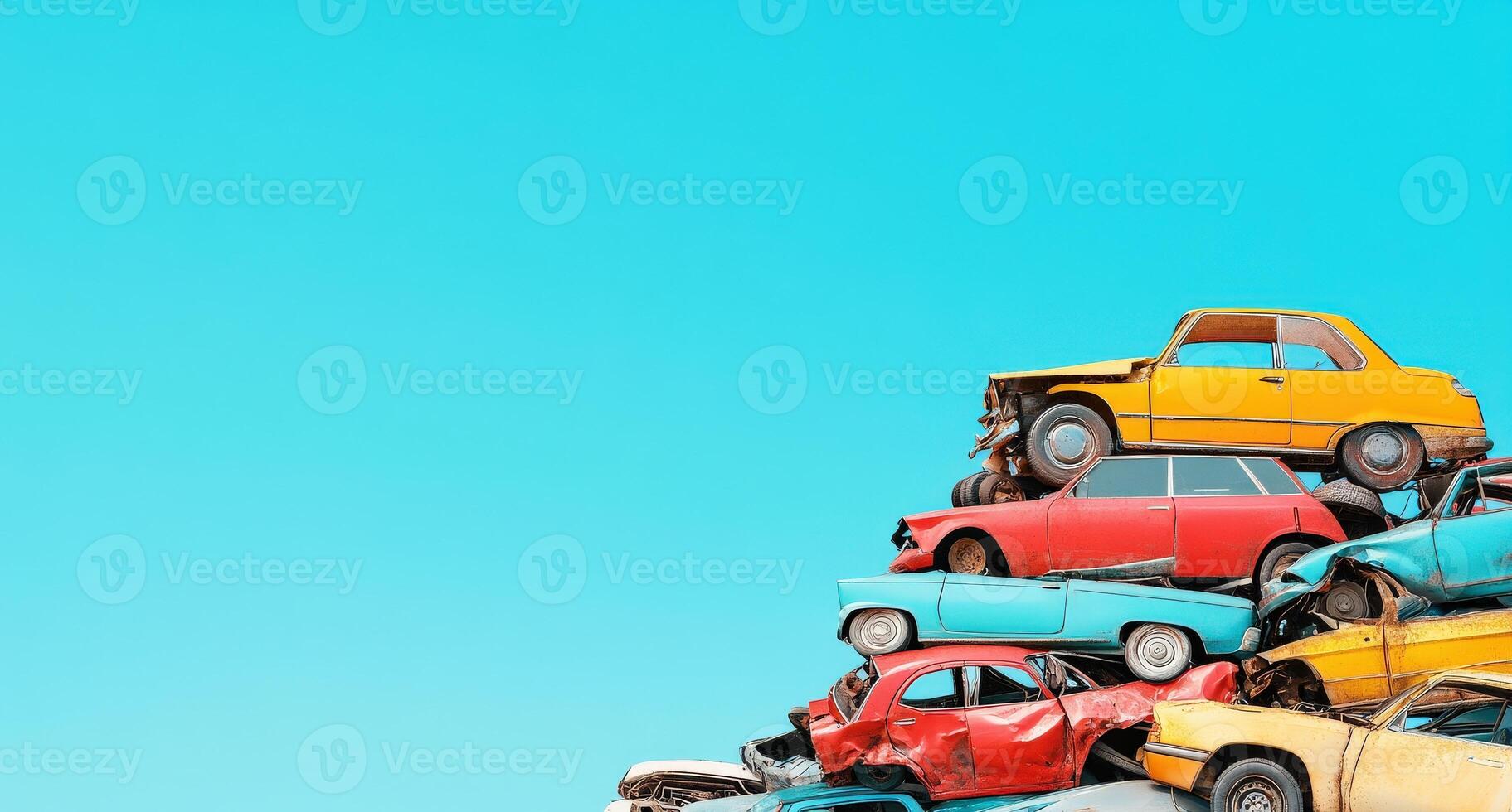 A vibrant stack of vintage cars against a bright blue sky, showcasing color and texture in an imaginative junkyard scene. photo