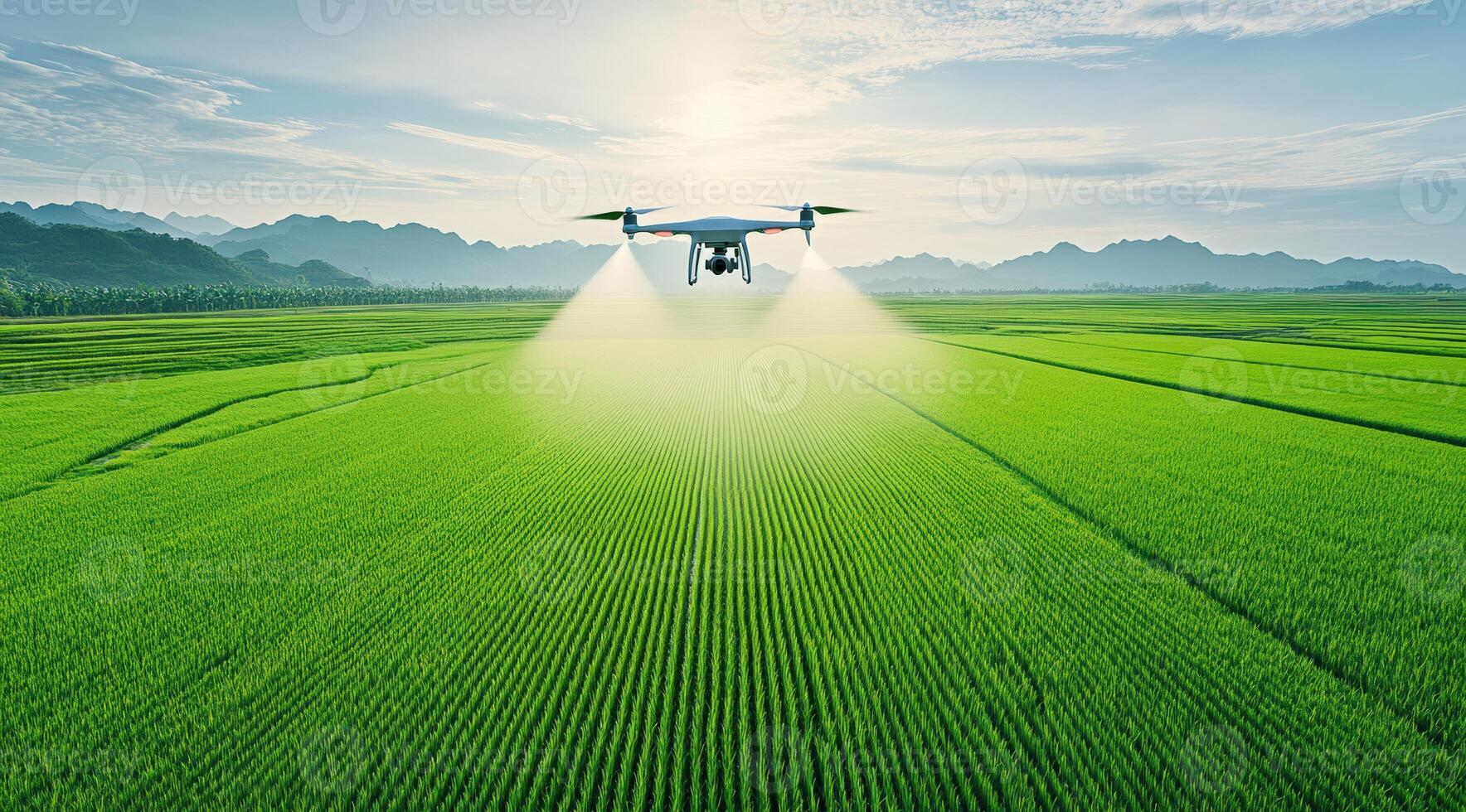 Drone spraying crops in a lush green field under a clear sky, demonstrating modern agriculture technology and innovation. photo