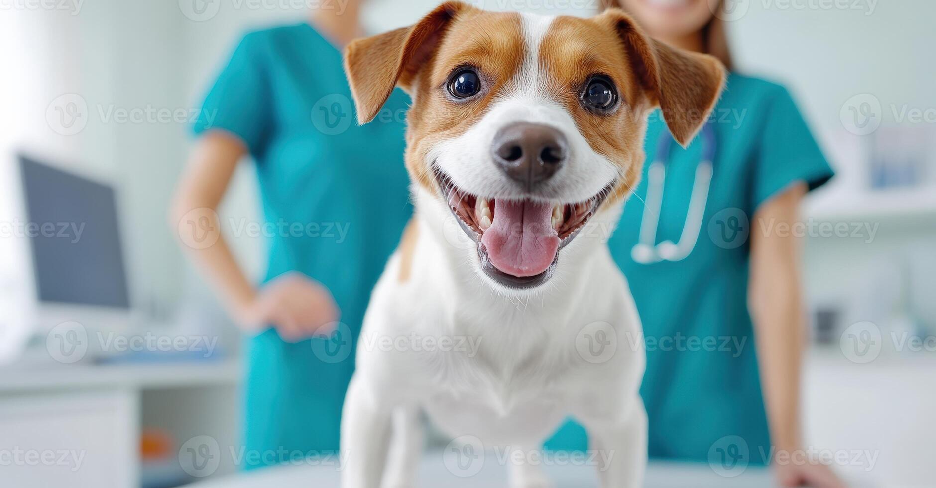 Happy dog with a big smile at the vet clinic, showcasing a joyful moment between pet and caregiver. photo