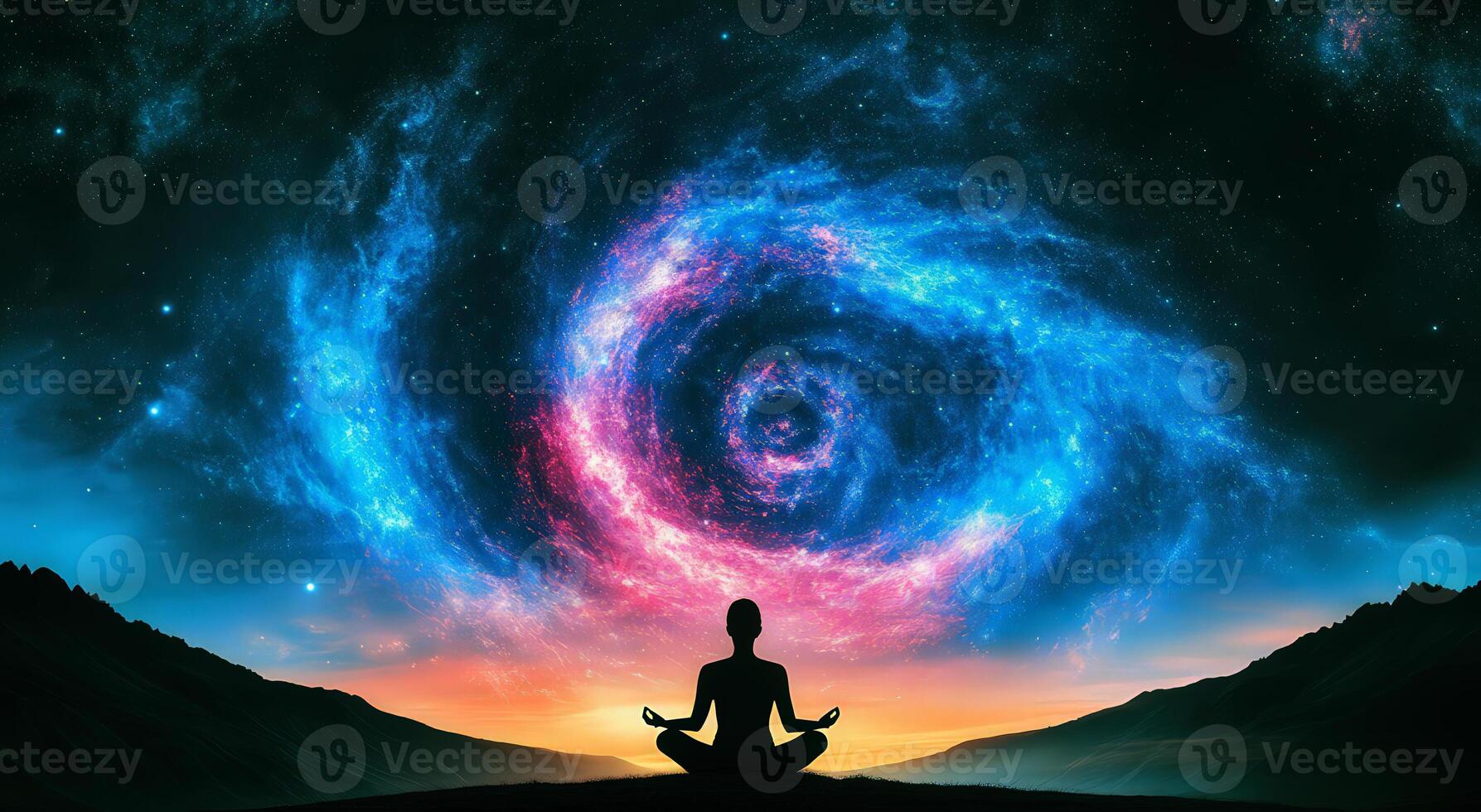 A meditative silhouette against a cosmic backdrop of swirling galaxies and vibrant colors, inspiring peace and reflection. photo