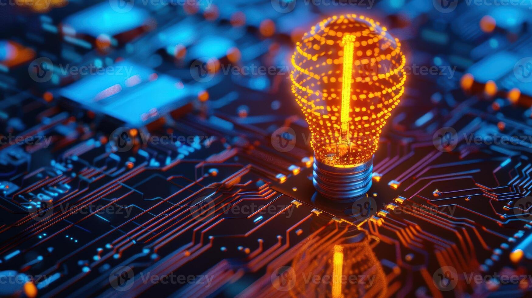 Digital gears and circuit board forming a lightbulb, technology, innovative business solutions. Illustration photo