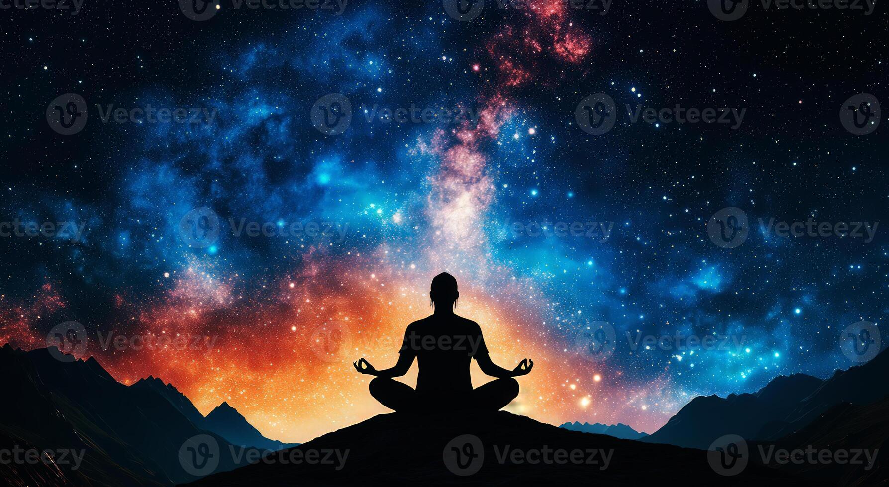 A serene figure meditates under a vibrant starry sky, embodying tranquility and connection with the universe. photo