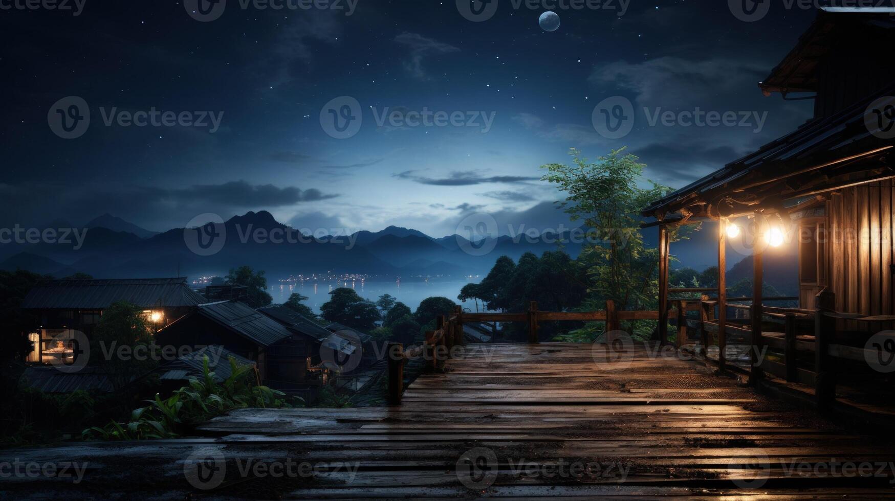 Wooden porch overlooking a mountain lake at night with a half moon in the sky. photo