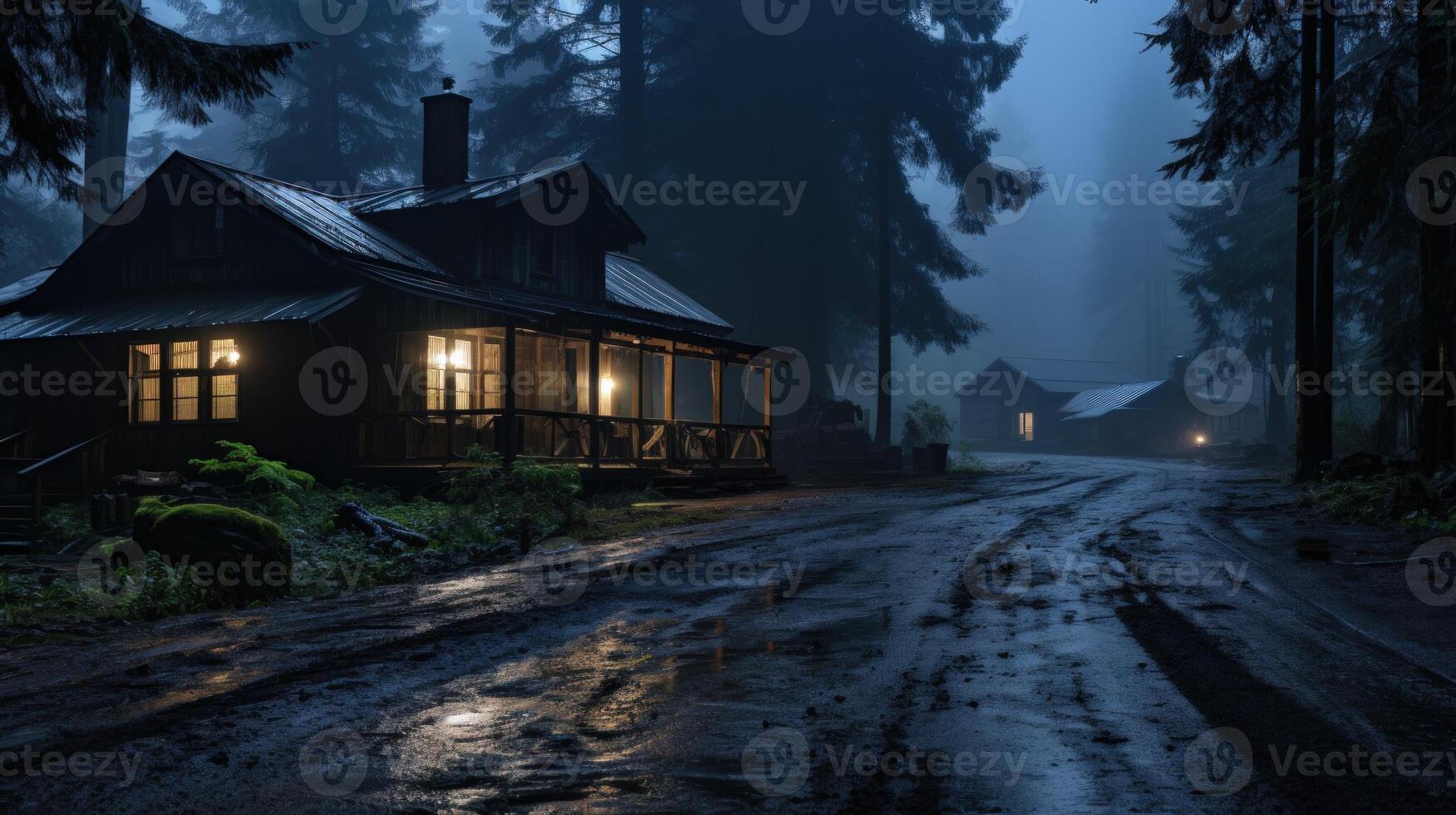Two cozy cabins in the woods with lit windows, nestled in a foggy forest with a dirt road lit up by street lamps at night. photo
