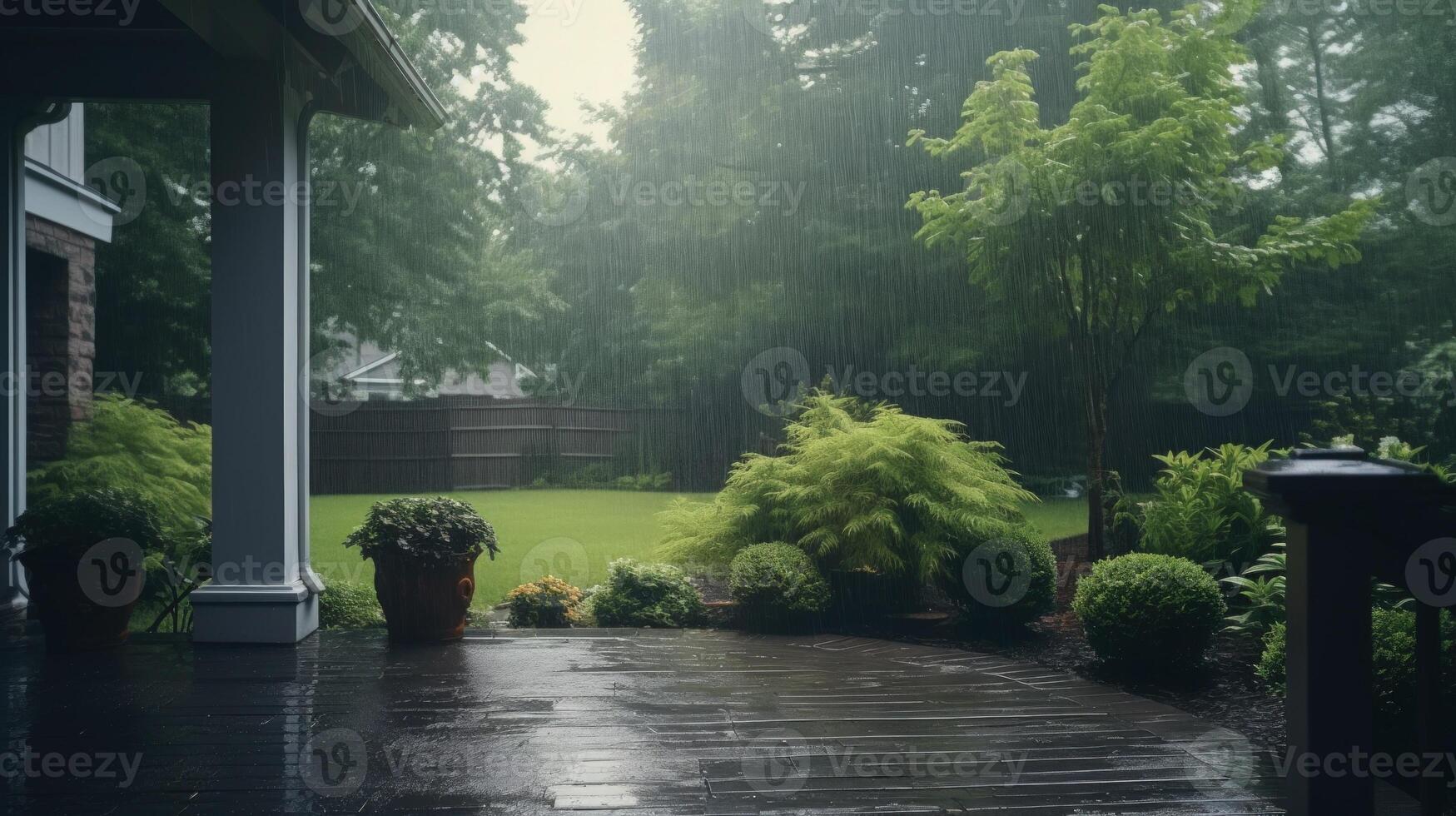 Rain falling on wooden deck with lush green backyard and patio furniture. photo