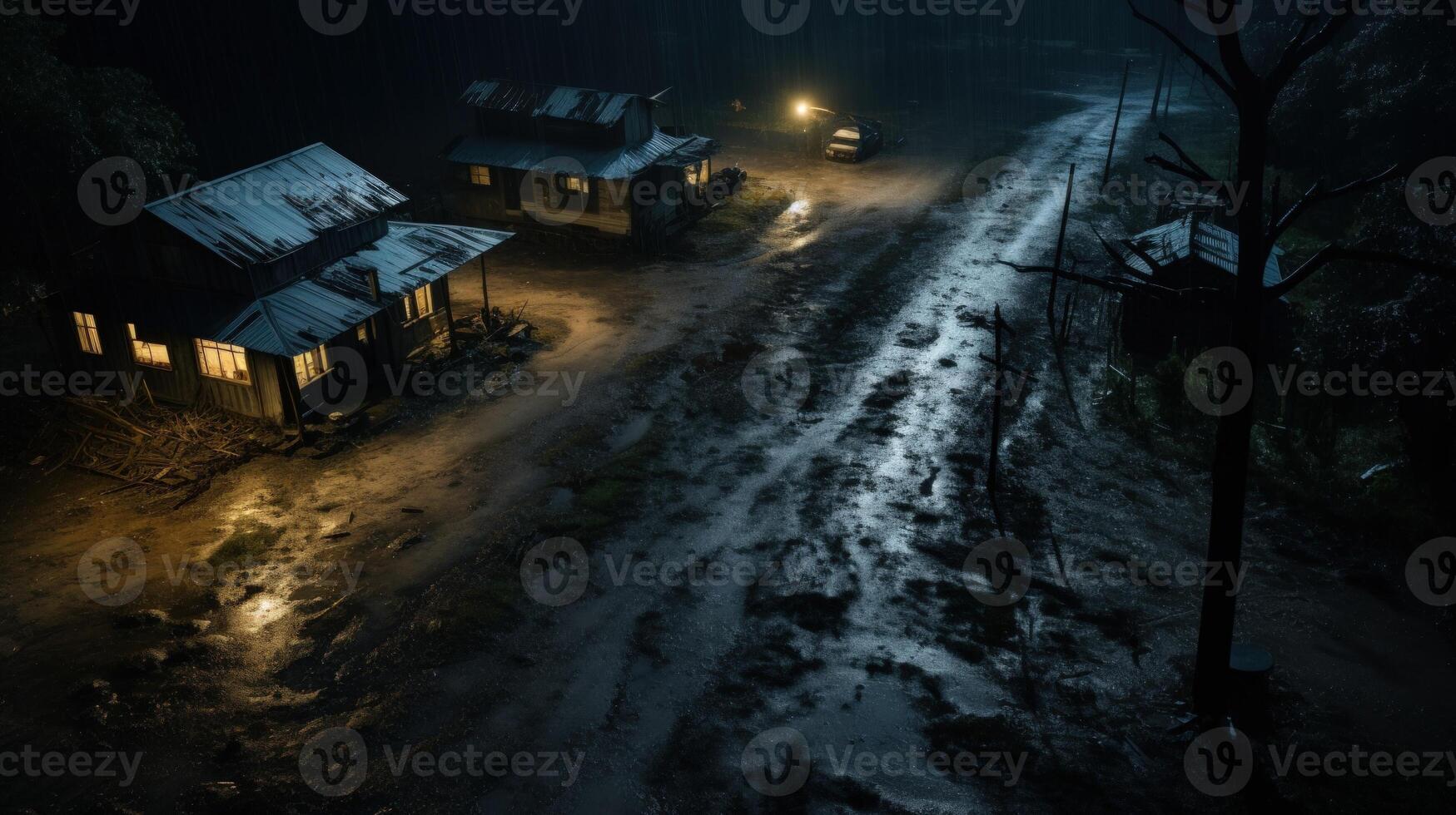 Two wooden houses with lit windows on a muddy dirt road at night with a car in the distance, illuminated by a streetlamp, during a rainstorm. photo