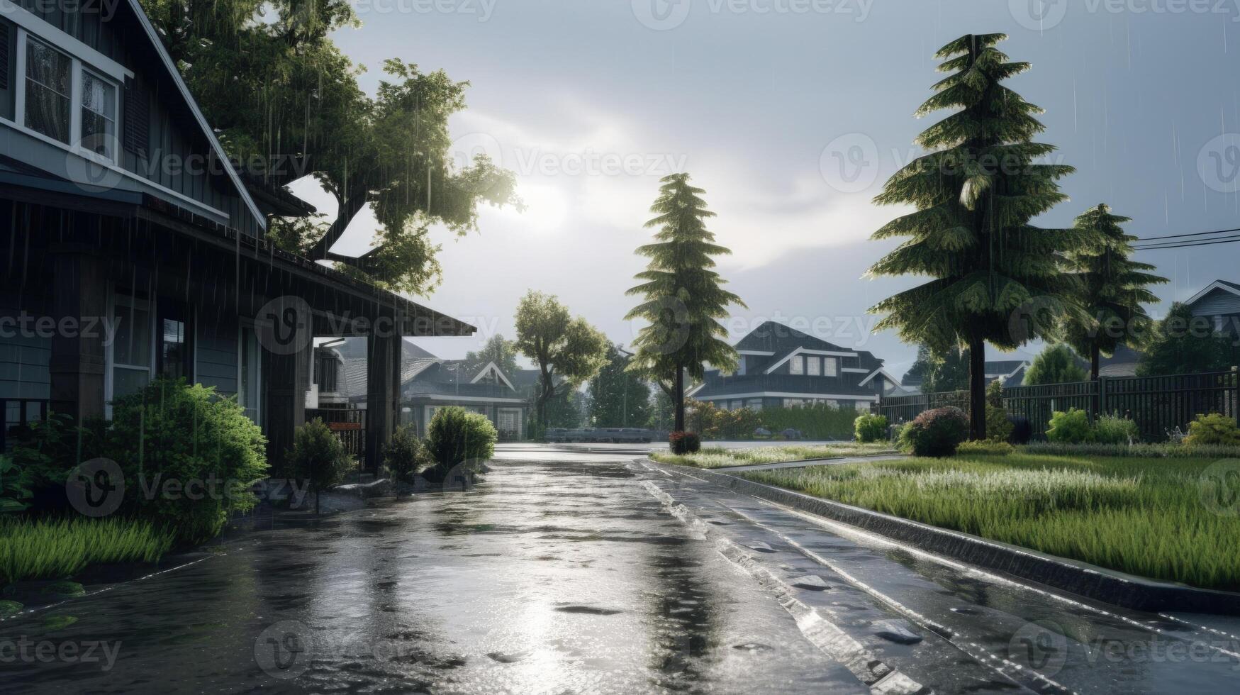 Wet street scene with houses and trees after rain. photo