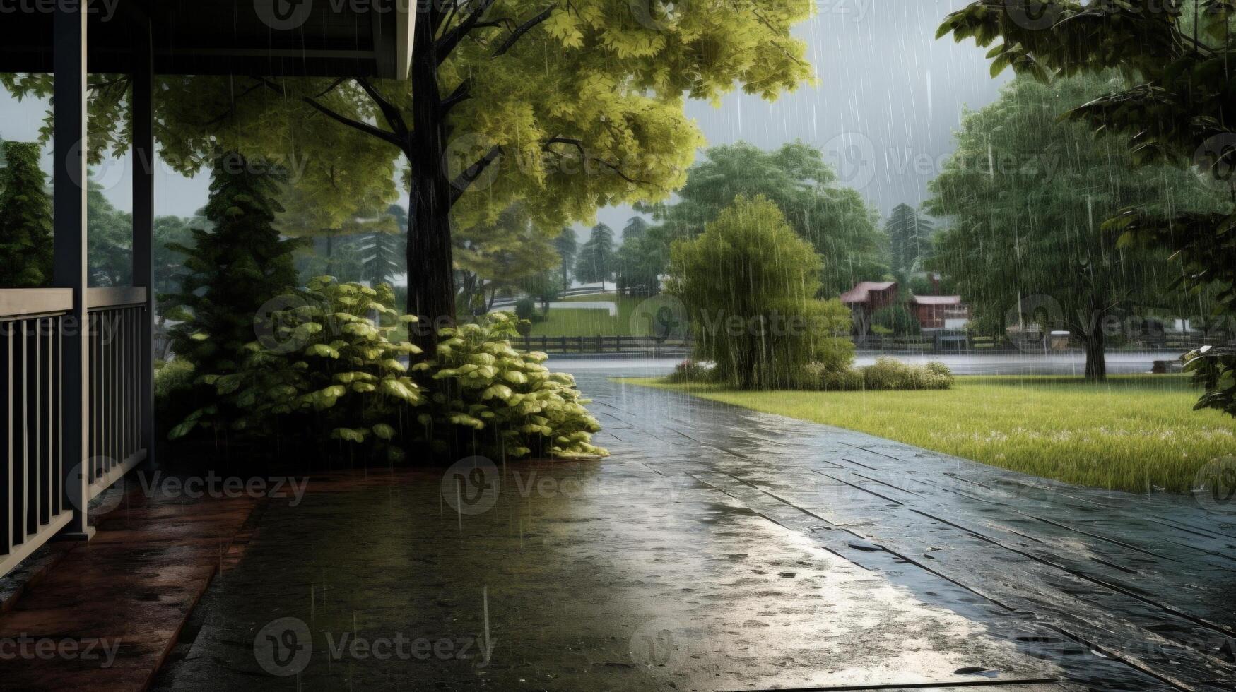 Wet Patio With Rain Falling From The Eaves Of A House. photo