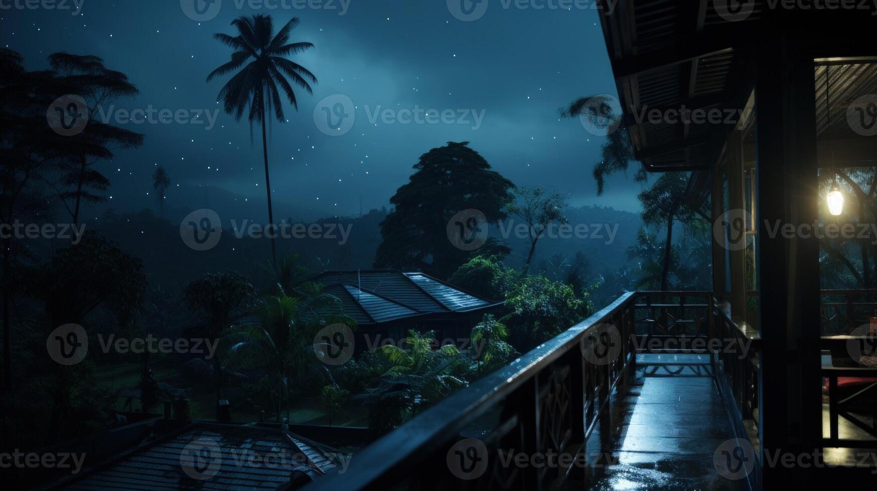 Night view from a balcony overlooking lush tropical trees, starry sky, and a lit room. photo