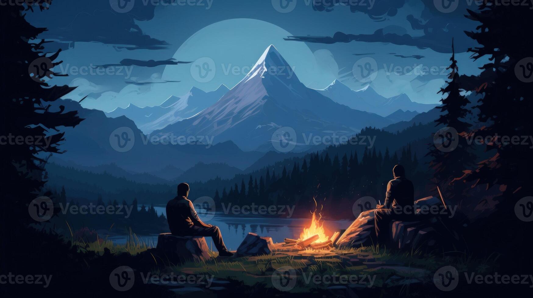 Two people sit by a campfire in the wilderness, under the glow of a full moon, in the shadow of a large mountain. photo