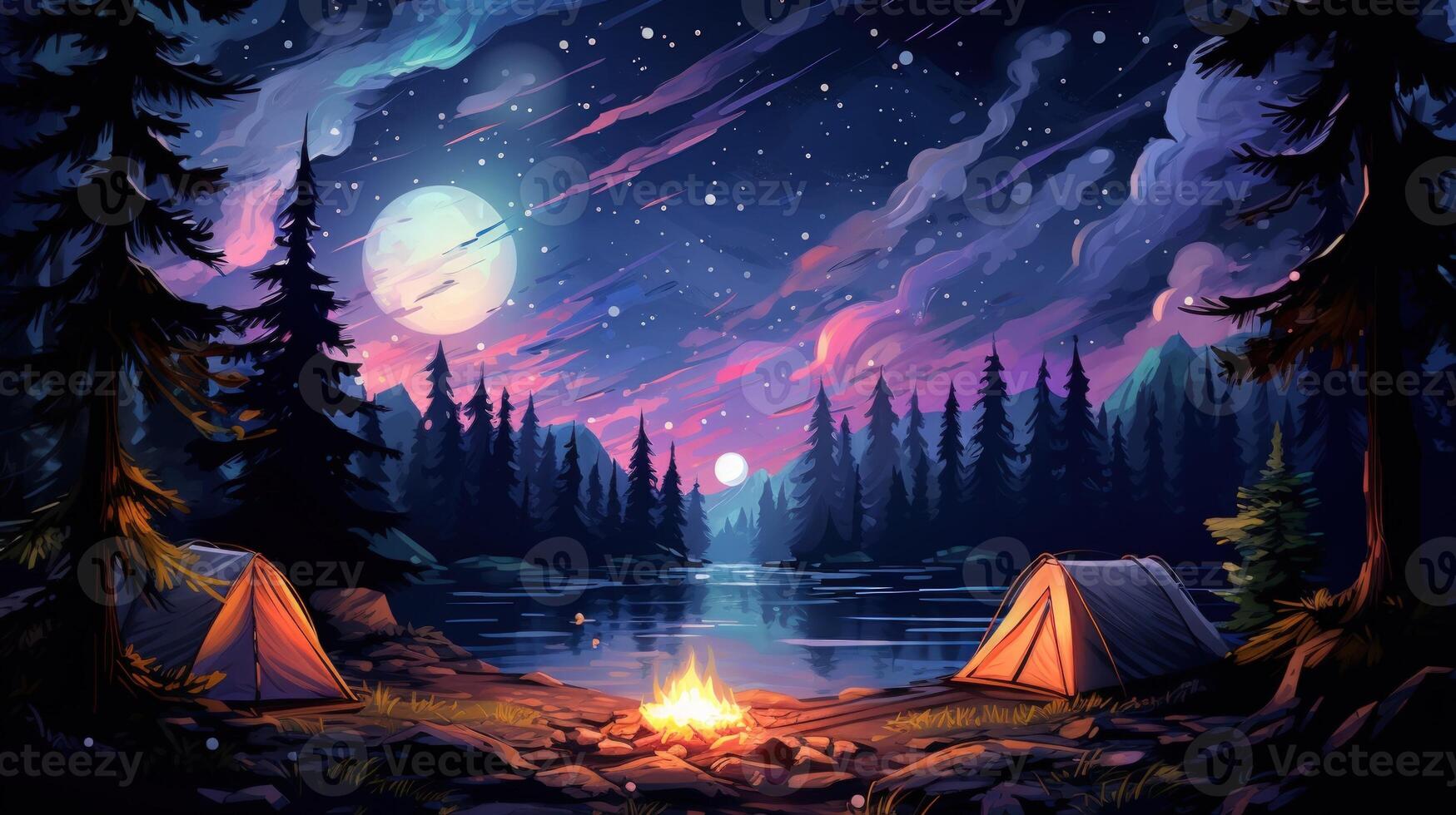 Two tents sit by a campfire with a lake in the background and a starry, moonlit night sky above. photo