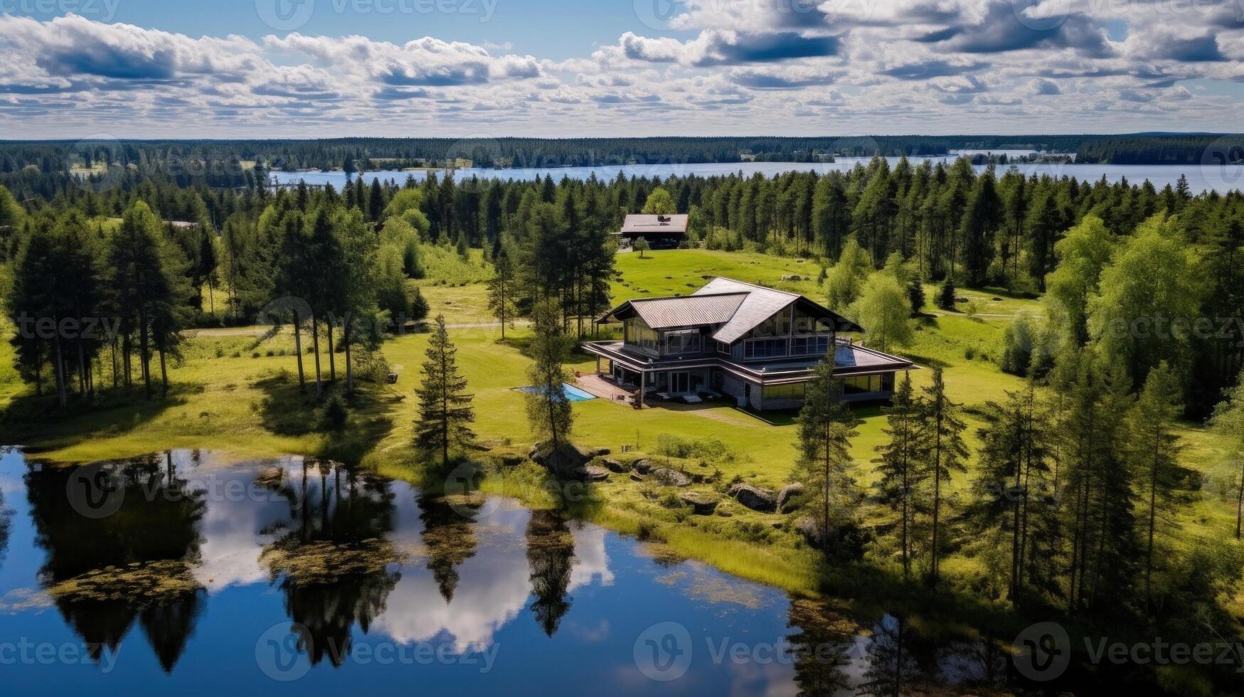 Modern house with pool on a green meadow next to a lake with reflection of clouds on water. photo
