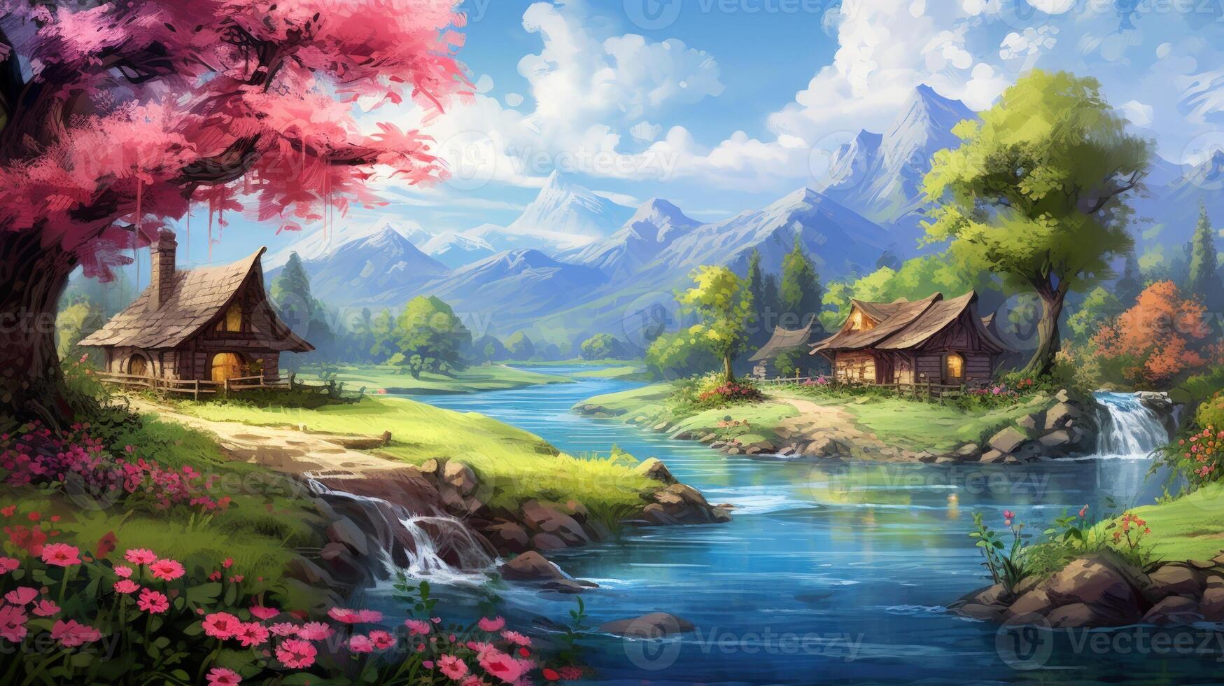 Two quaint cottages nestled in a picturesque valley, with a winding river and cascading waterfall. photo