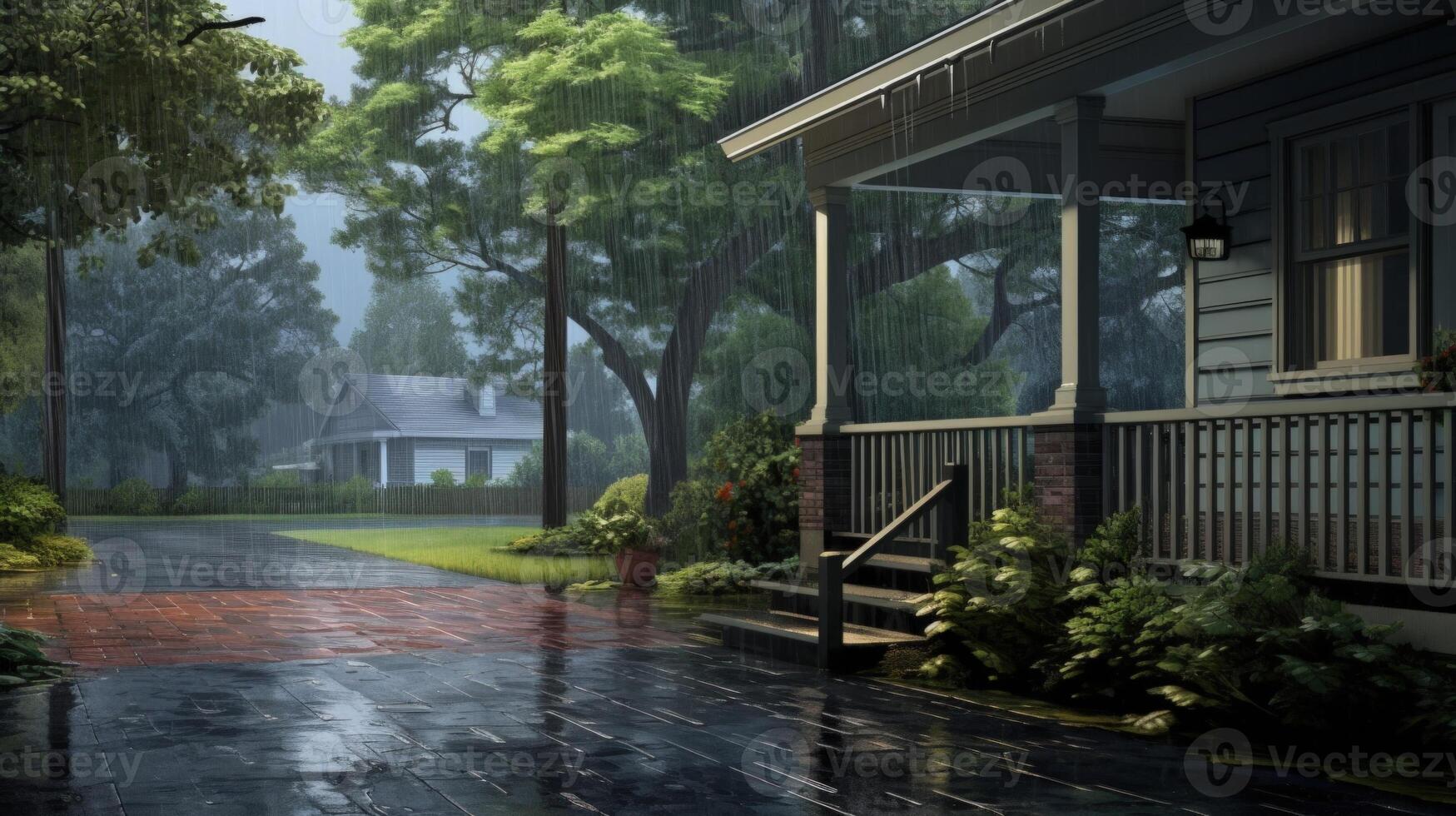 Wet Sidewalk with a House in the Background. photo