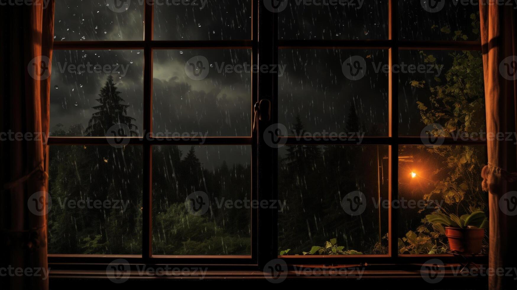 Rain falling on a window at night, with a view of a dark forest and a light in the distance. photo