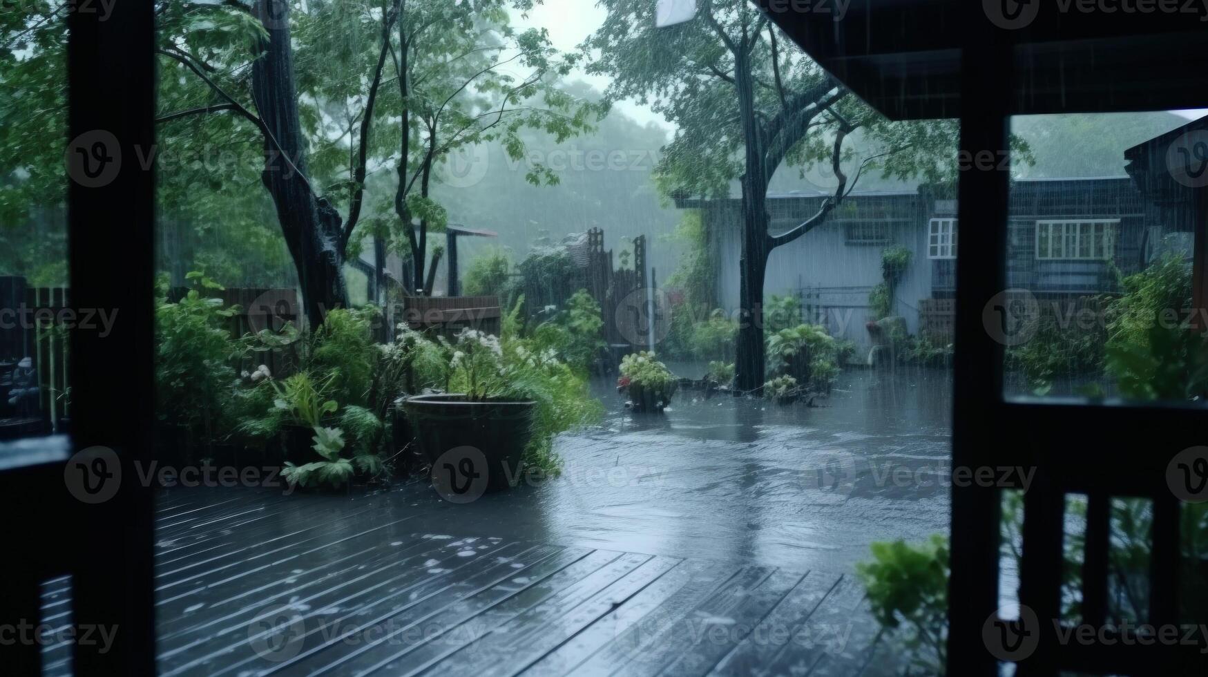 View from a window of a rainy backyard with a wet wooden deck. photo